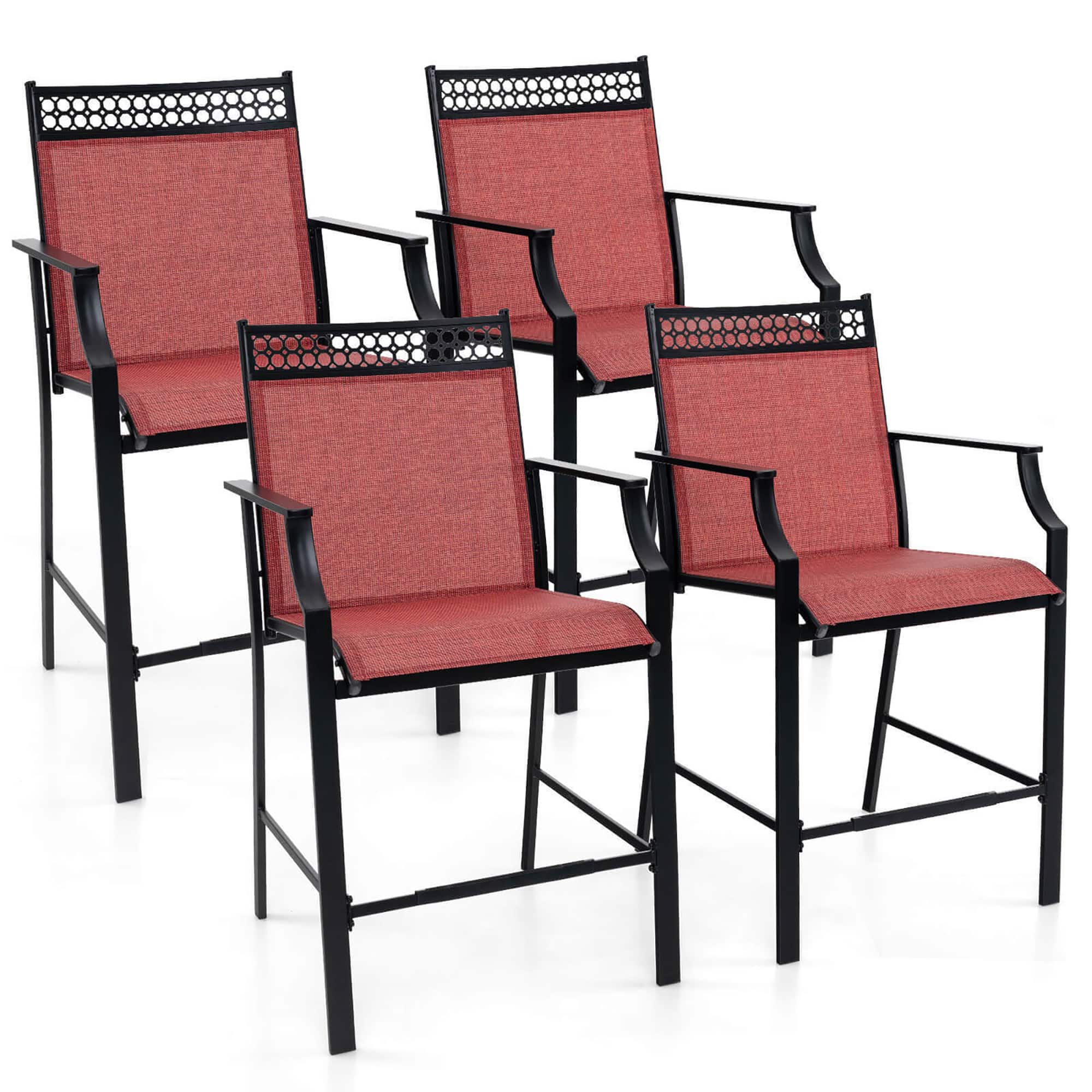 Gymax - Outdoor Counter Stools Set of 4 w/ Footrest & Armrests Metal Frame for Backyard - Red