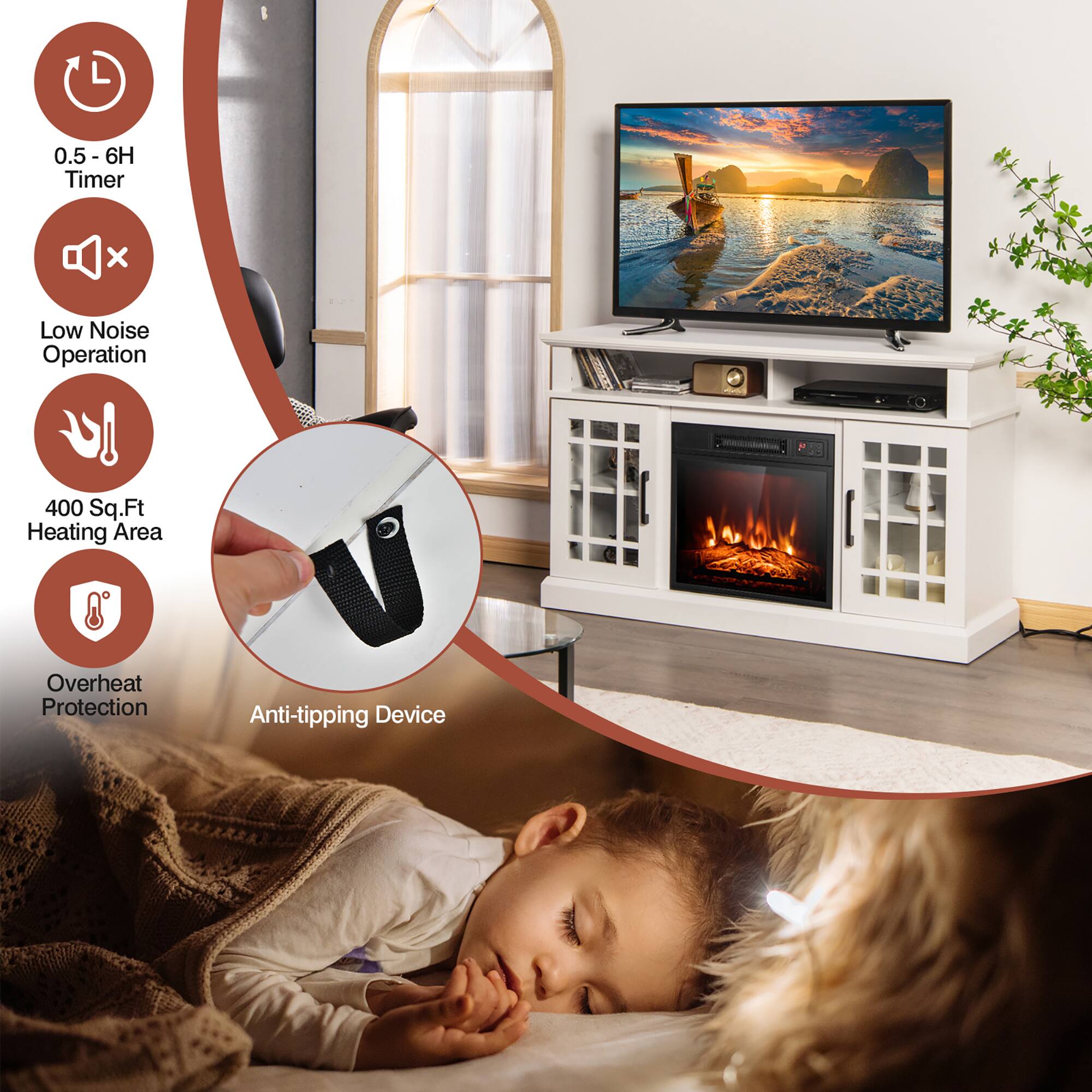 0.5 - 6H Timer, Low Noise Operation, 400 Sq.Ft Heating Area, Overheat Protection, Anti-tipping Device