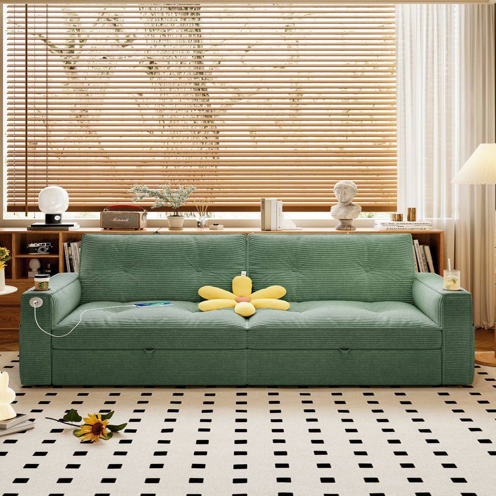 Back. Resenkos - 2-in-1 Multi-Functional Sofa Bed for Sitting & Sleeping, Modern Corduroy Fabric Sofa for Living Room, Green - Green.