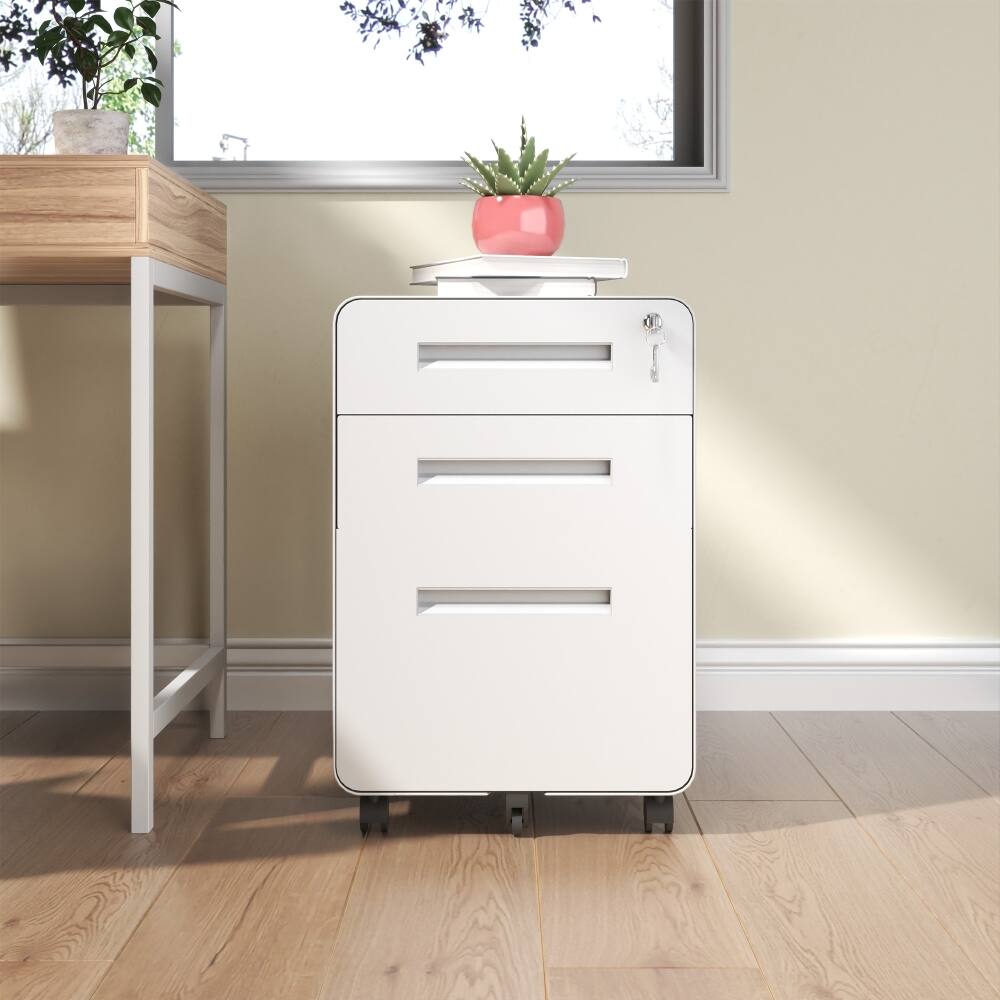 Left. Loheer - Loheer 3-Drawer Mobile File Cabinet Metal Storage Cabinet White.