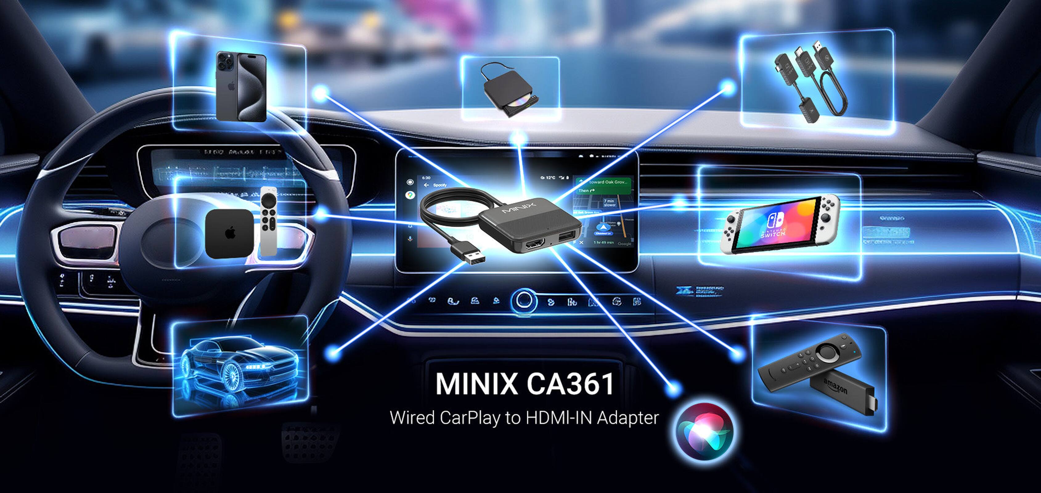 The text on the image reads: "MINIX CA361 Wired CarPlay to HDMI-IN Adapter amazon."