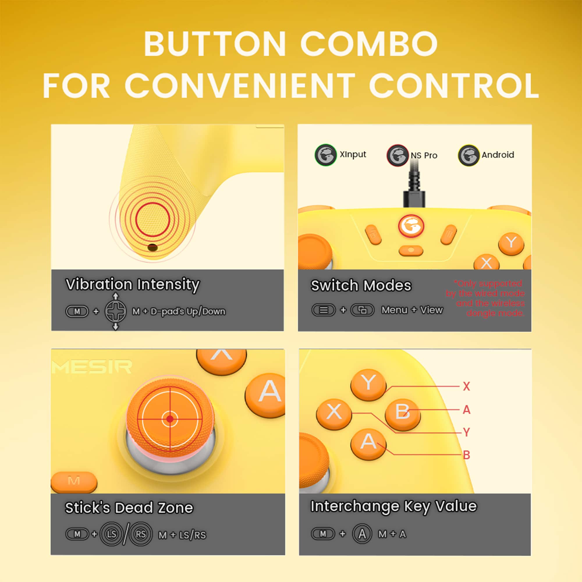 Button Combo for Convenient Control:
1. Xinput NS Pro: Android Vibration Intensity
2. M + M + D-pad's up/down: Switch Modes
3. G Y X: Menu + View mode
4. MESIR: M + A
5. Stick's Dead Zone: M + LS RS
6. M + LS/RS Interchange Key Value: M + A