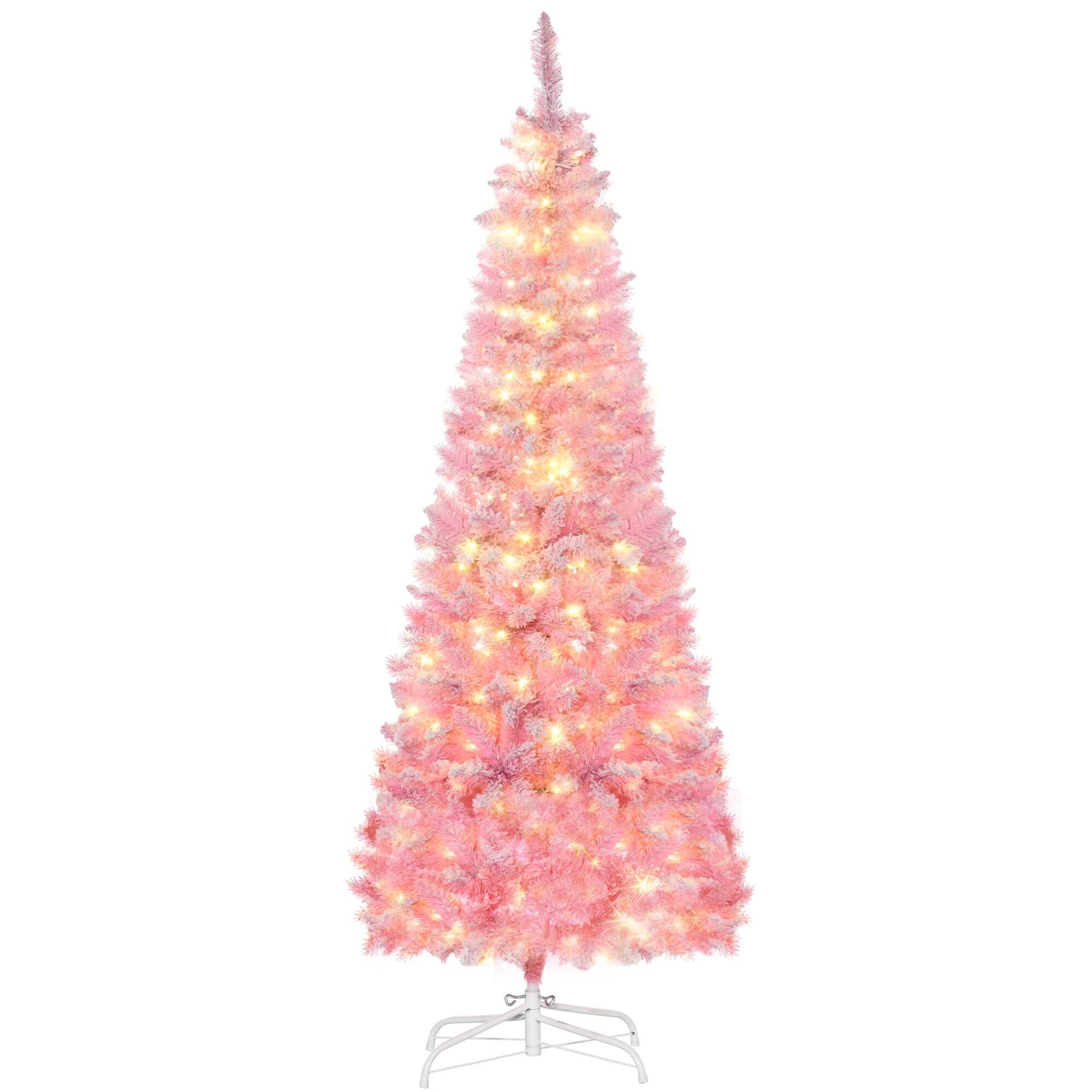 Alt View 6. Hivvago - 6ft Prelit Snow Flocked Artificial Christmas Tree with Pencil Shape - Pink.