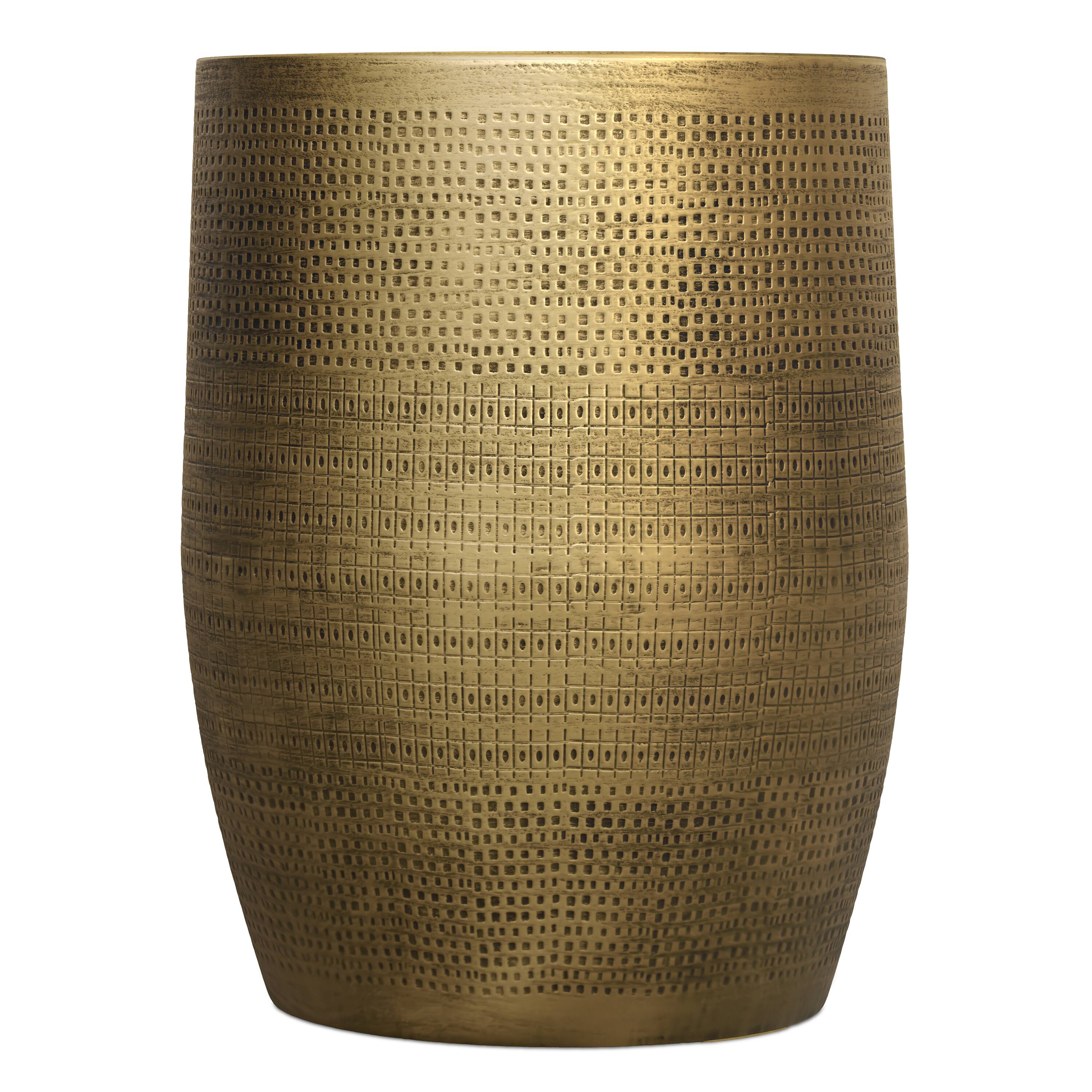 Left. Simpli Home - Johnsen 15 inch Wide Boho Morse Pattern Metal Accent Table in Antique Brass Iron, Assembled - Antique Brass.