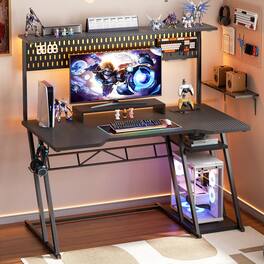Aheaplus - 47" Reversible Gaming Desk with Power Outlets, LED Lights, Hutch and Pegboard - Black