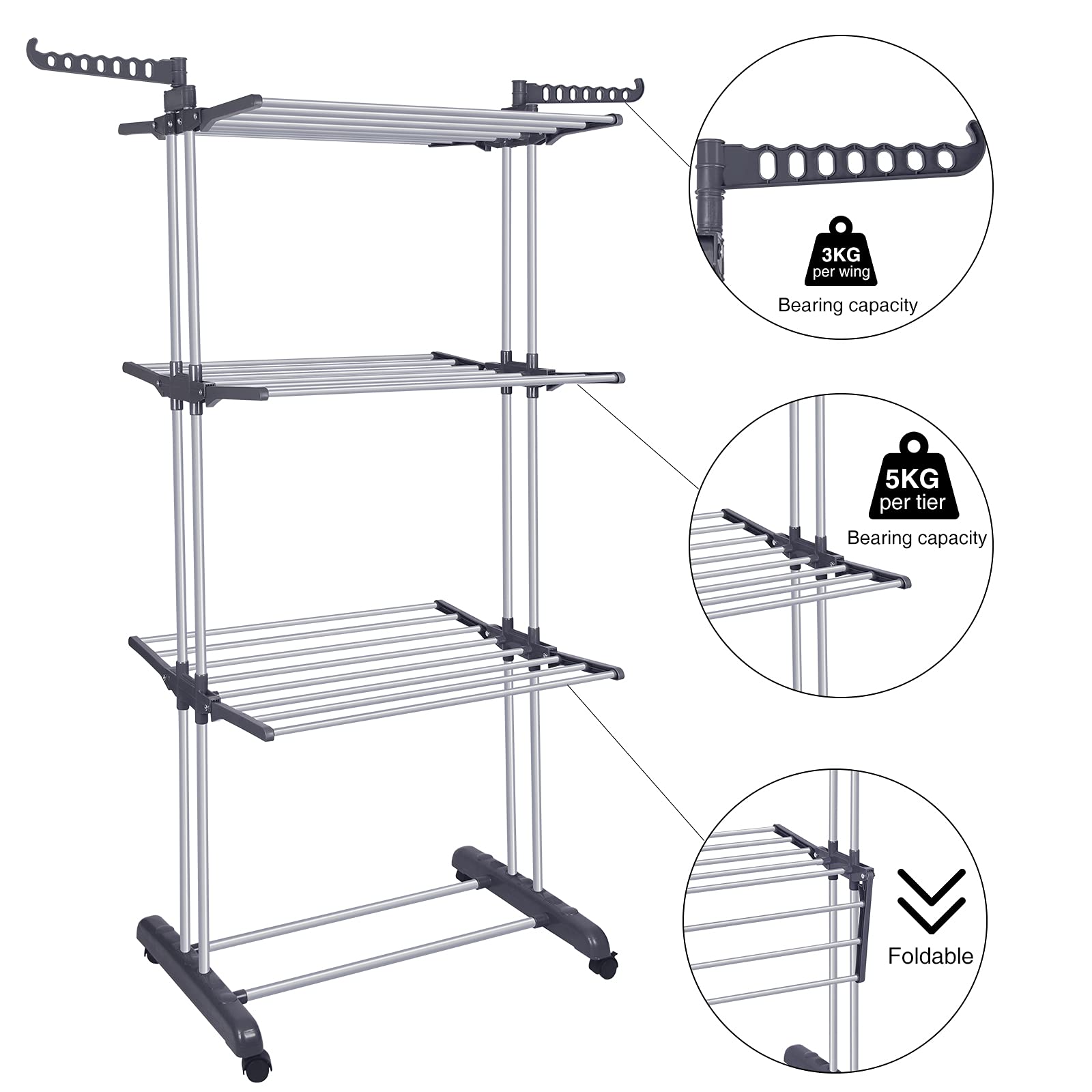 - 3KG per wing Bearing capacity
- 5KG per tier Bearing capacity
- Foldable