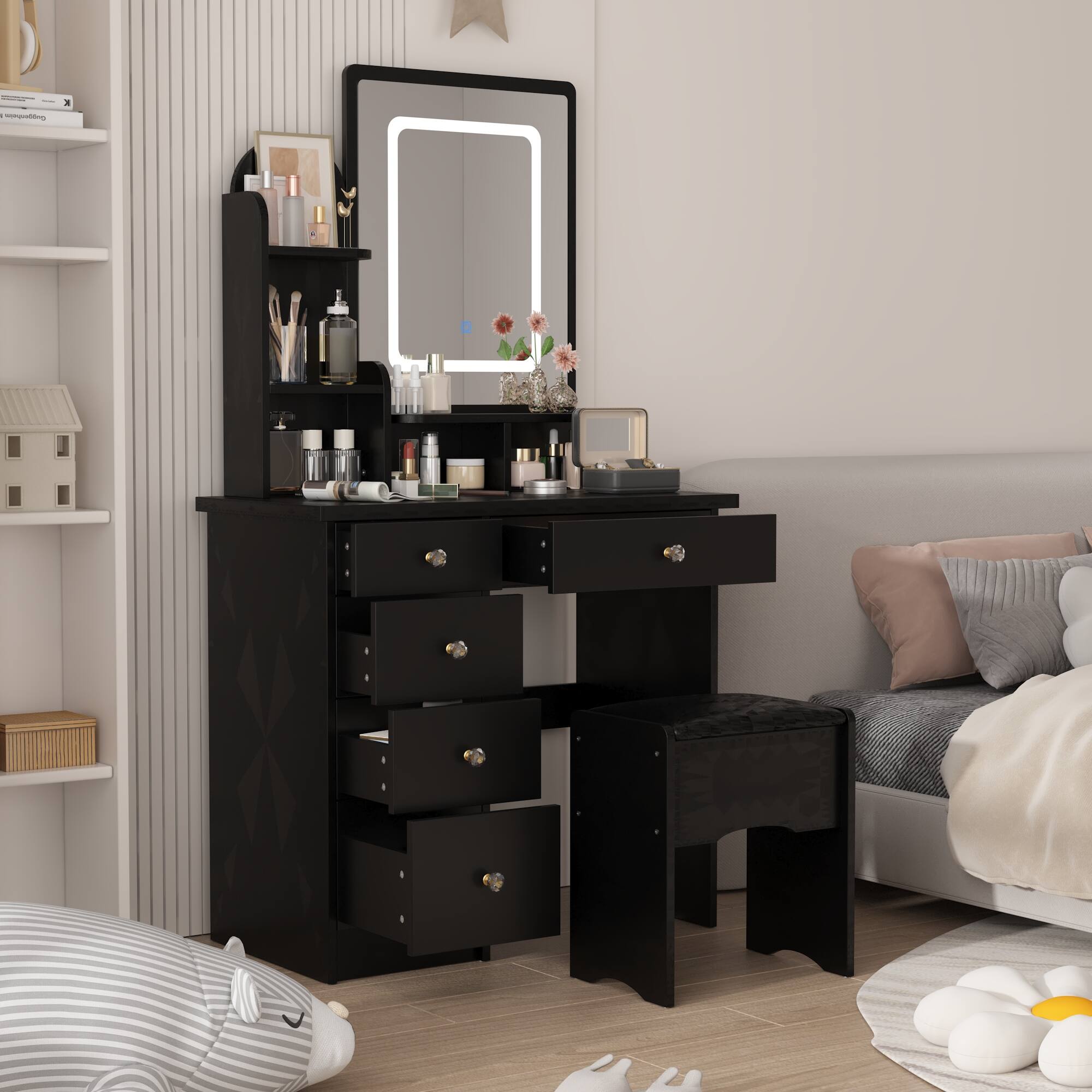 Alt View 9. Famapy - Vanity Table with LED Mirror, Storage Drawers & Stool – Makeup Dresser Organizer for Bedroom - Black.