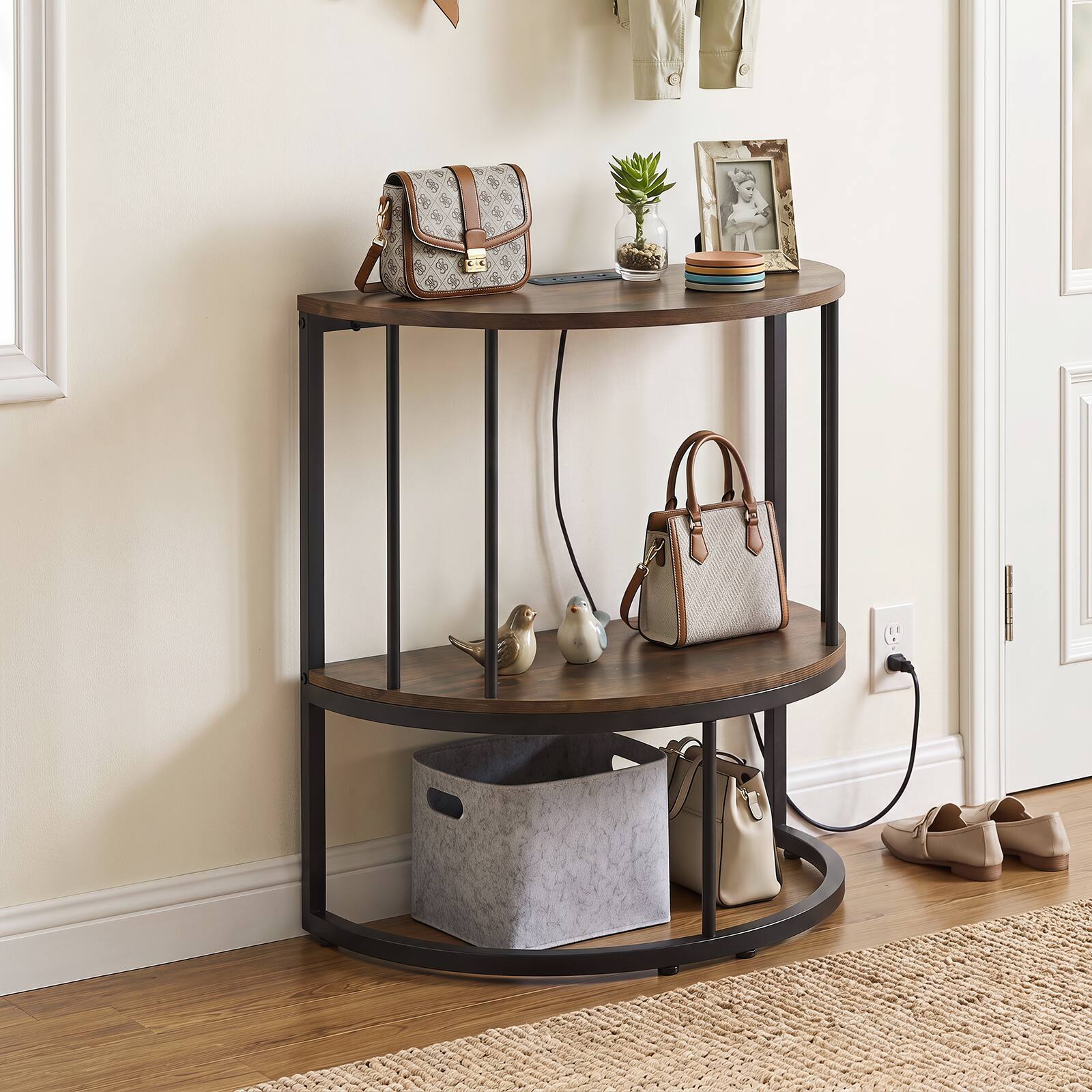 Alt View 3. Costway - Costway Half Moon Console Table with Power Outlets, 2-Tier Entryway Table with Storage Shelf - Rustic Brown & Black.