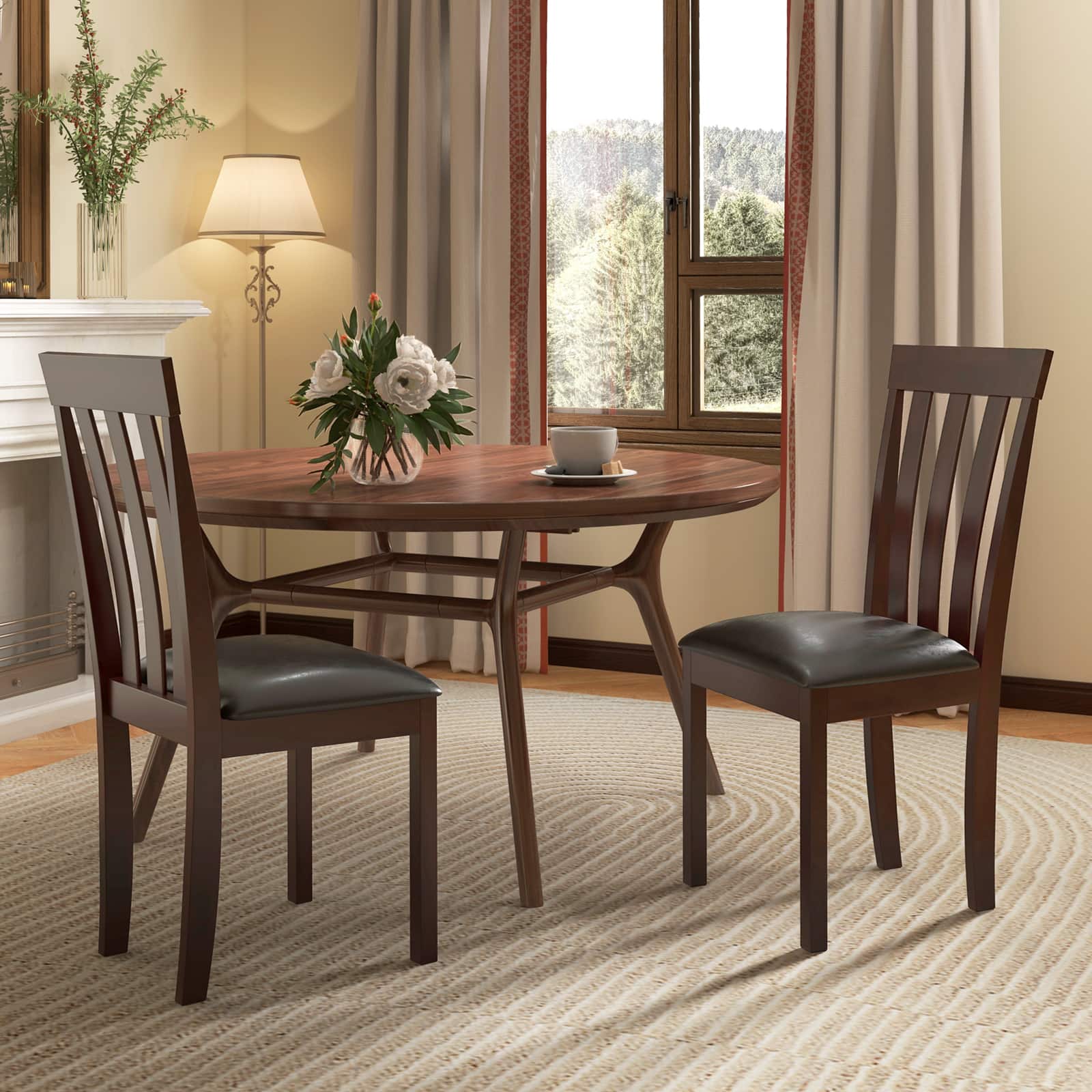 Back. Costway - Dining Chair Set of 2 Upholstered Wooden Chairs with Padded Seat Rubber Wood Frame - Coffee.