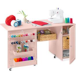 Best Choice Products - Large Portable Multipurpose Folding Sewing Table w/ Magnetic Doors, Craft Storage - Pink