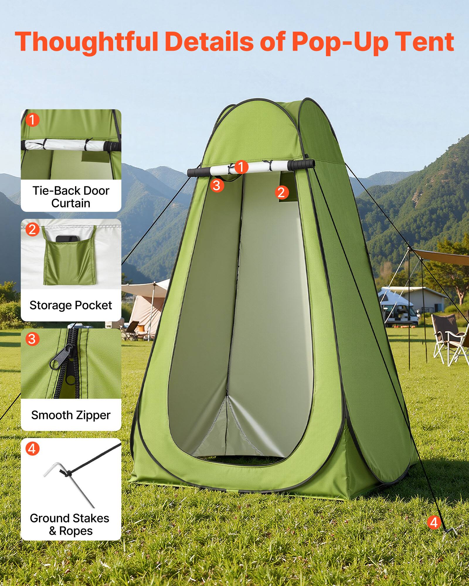 Thoughtful Details of Pop-Up Tent

1. Tie-Back Door Curtain
2. Storage Pocket
3. Smooth Zipper
4. Ground Stakes & Ropes