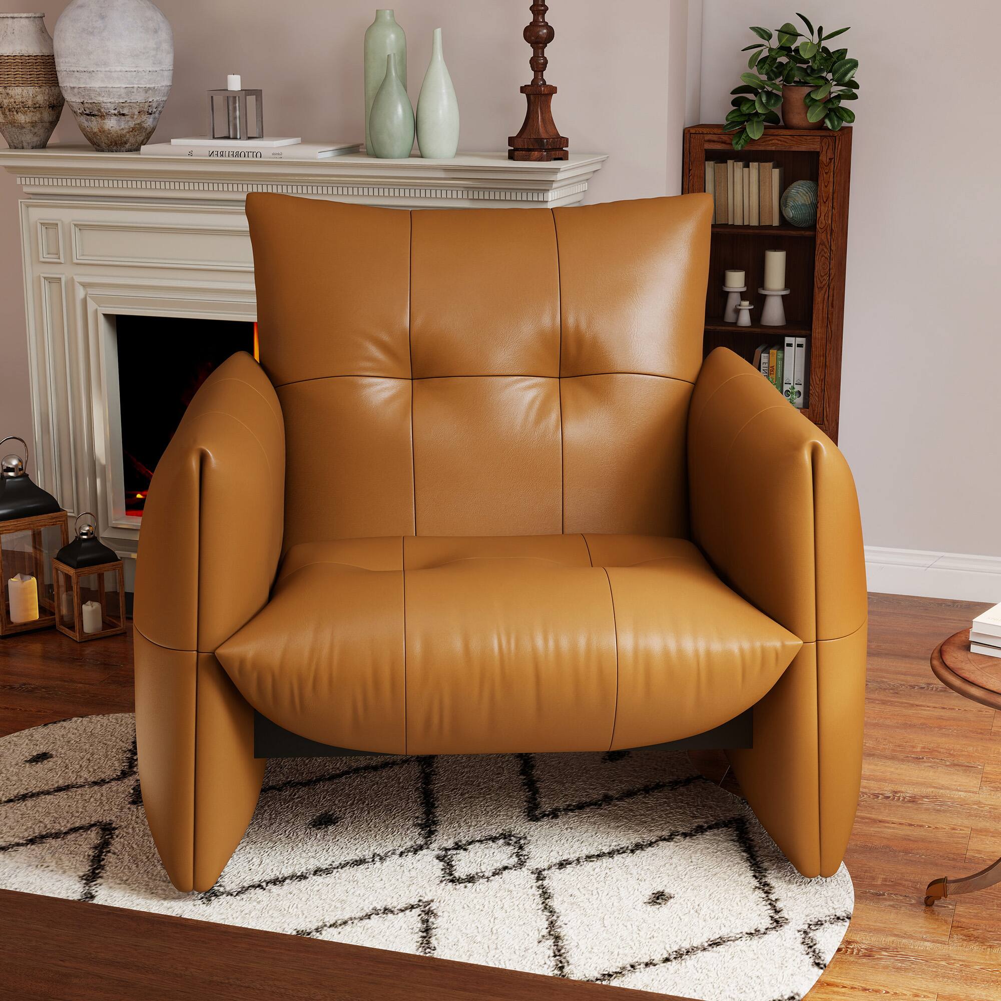 Left. luck idea - 34.64" Lounge Accent Chair Sofa, Faux Leather Upholstered Armchair with Thick Cushion & Solid Wood Frame - Orange.