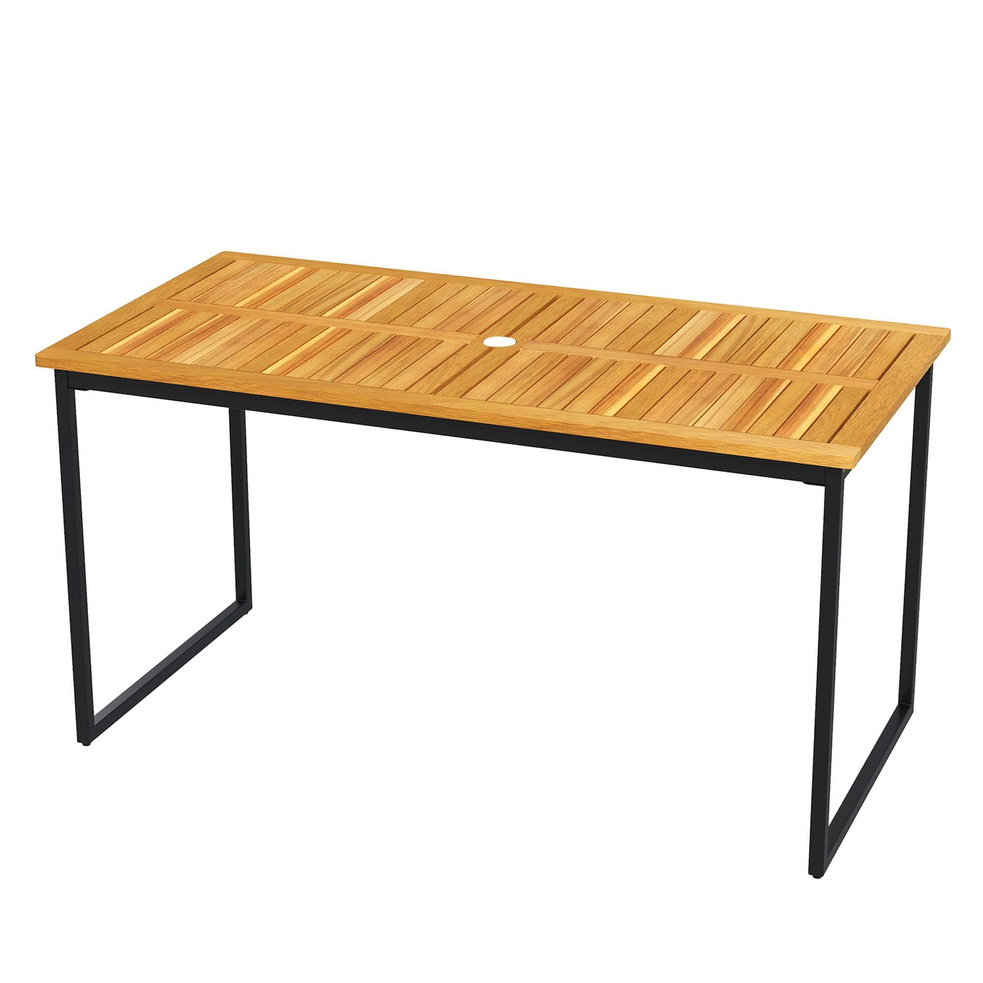Alt View 5. Costway - Acacia Wood Dining Table for 6 People 55" Rectangle Patio Table with Umbrella Hole - Natural + Black.