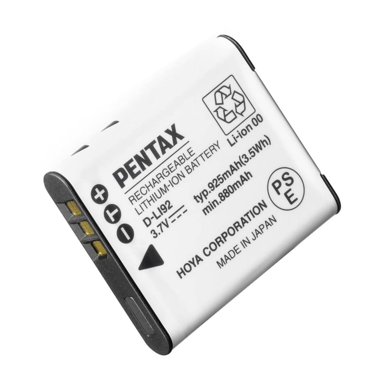 PENTAX  
RECHARGEABLE BATTERY  
LITHIUM-ION BATTERY  
D-LI92  
3.7V  
typ.925mAh(3.5Wh)  
min.880mAh  
HOYA CORPORATION  
MADE IN JAPAN  
Li-ion 00  
PS E