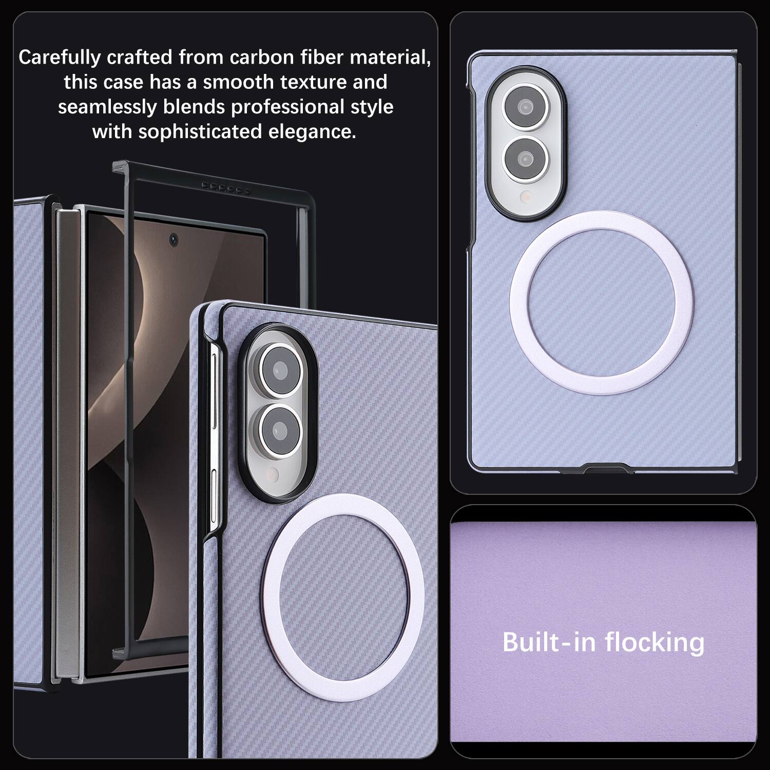 Carefully crafted from carbon fiber material, this case has a smooth texture and seamlessly blends professional style with sophisticated elegance. Built-in flocking
