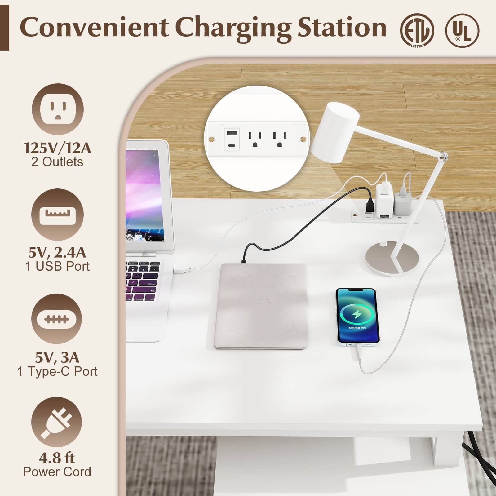 Convenient Charging Station

- 125V/12A
- 2 Outlets
- 5V, 2.4A
- 1 USB Port
- 5V, 3A
- 1 Type-C Port
- 4.8 ft Power Cord

ETL Listed
UL Listed