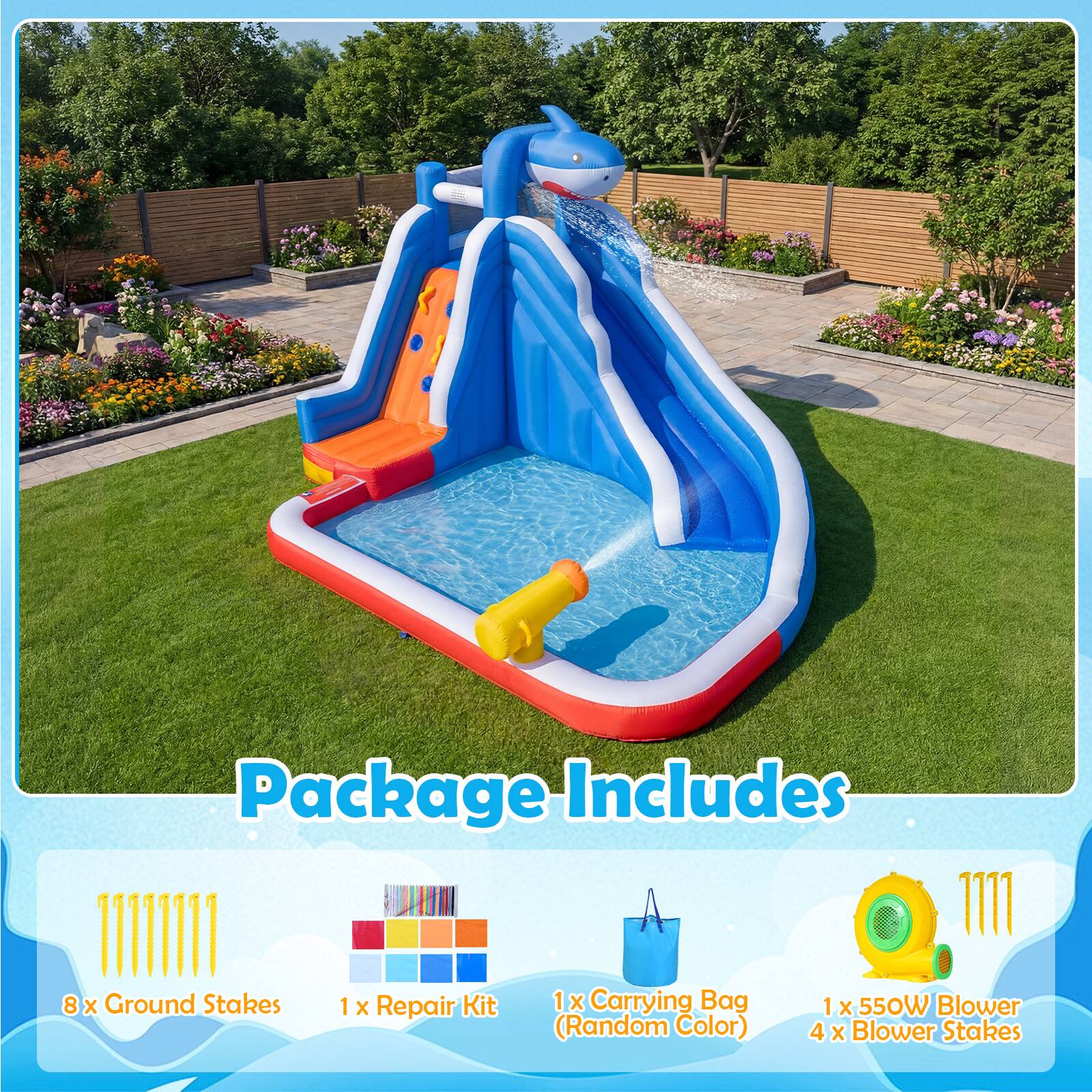 Package Includes
8 X Ground Stakes
1 X Repair Kit
1 X Carrying Bag (Random Color)
1 X 550W Blower
4 X Blower Stakes