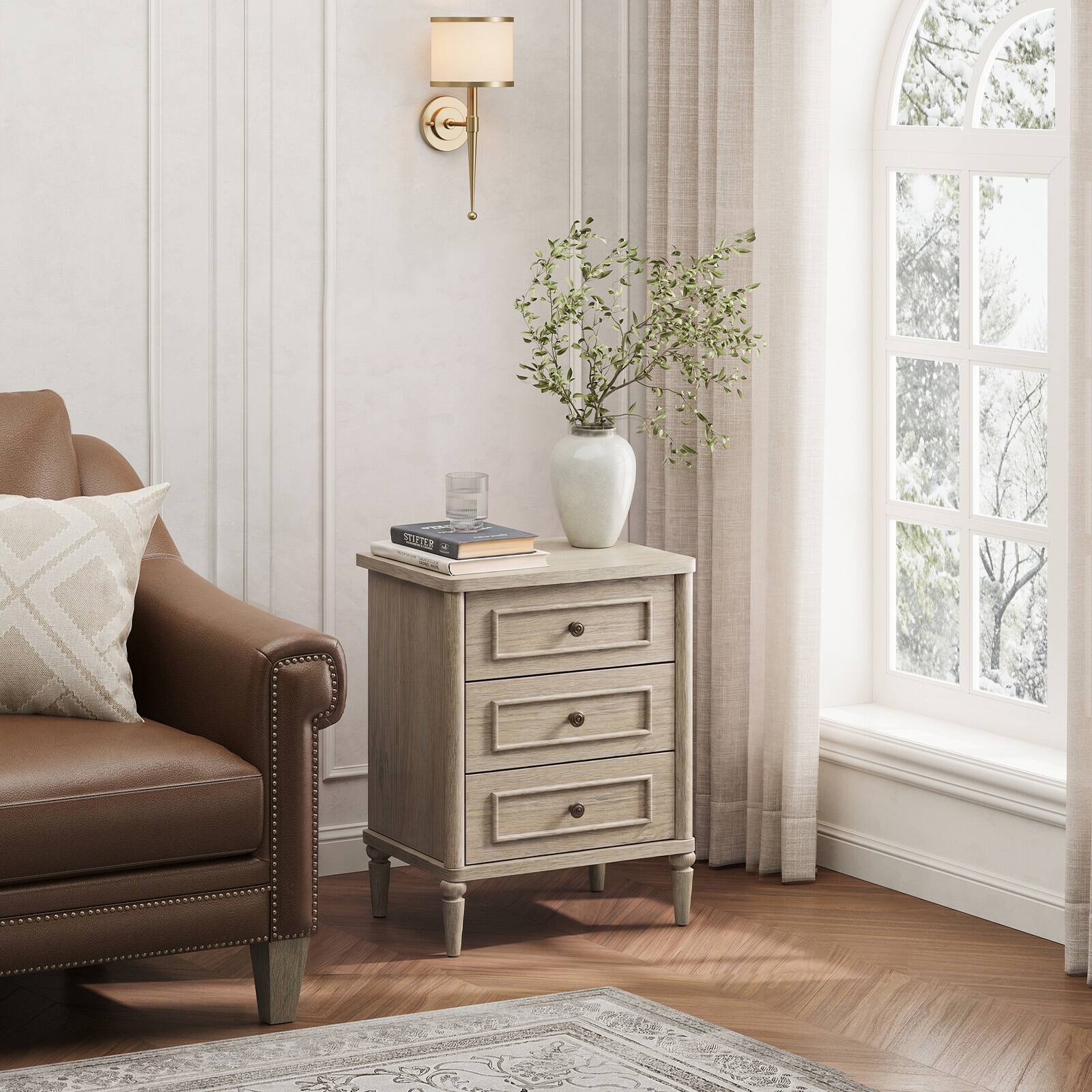 Angle. Bestier - 3 Drawer Farmhouse Nightstand, Mid-Century Fluted Bedside Table with Charging Station - Sunlit Oak.