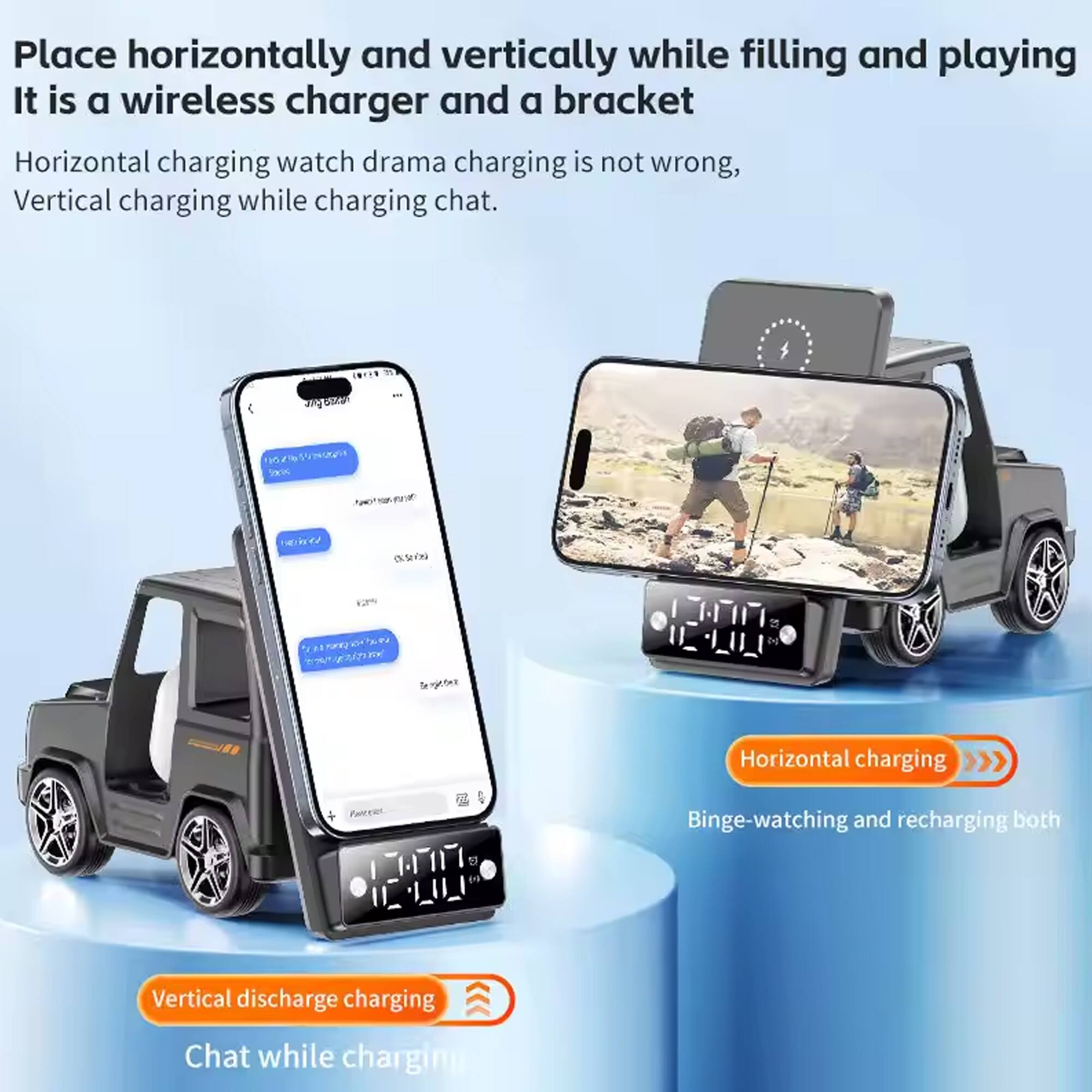 Place horizontally and vertically while filling and playing  
It is a wireless charger and a bracket  

Horizontal charging watch drama charging is not wrong,  
Vertical charging while charging chat.  

Horizontal charging  
Binge-watching and recharging both  

Vertical discharge charging  
Chat while charging