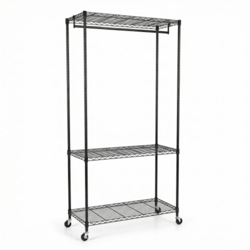 Back. LUCKY ONE - 73.2" H Heavy Duty Rolling Garment Rack w/ 3-Tier Shelves White - Black.