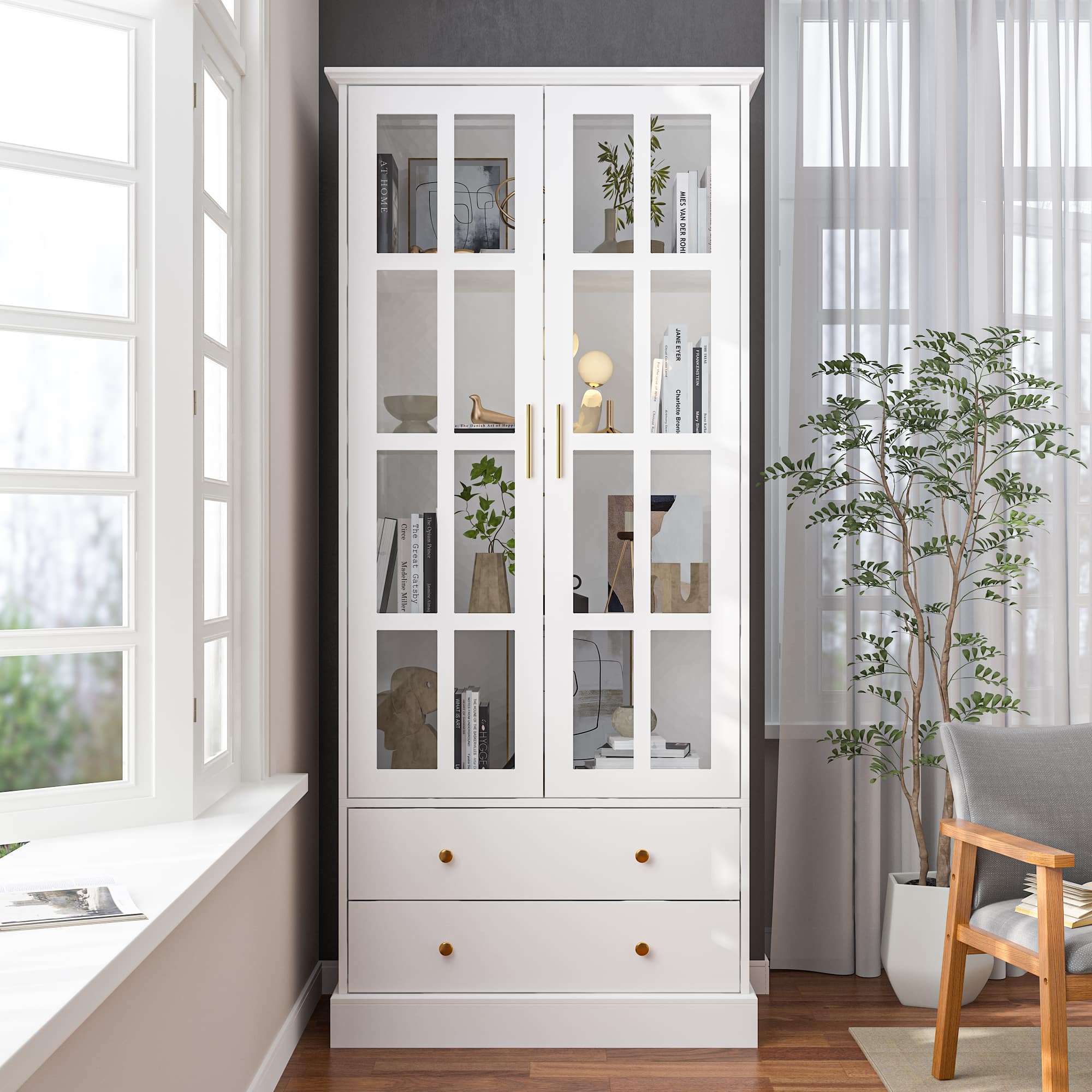 FUFU & GAGA - Tempered Glass Display Cabinet with Metal Handles and Silent Drawers for Living Room or Study Storage - White
