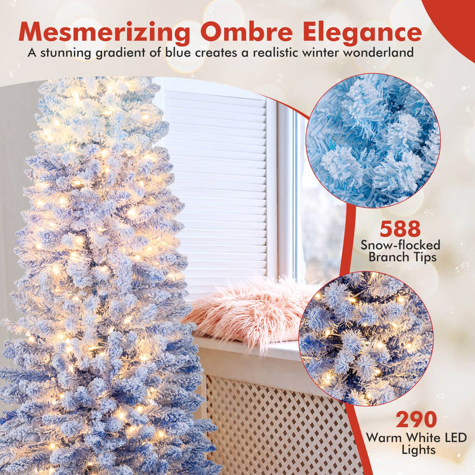 Mesmerizing Ombre Elegance  
A stunning gradient of blue creates a realistic winter wonderland  

588 Snow-flocked Branch Tips  

290 Warm White LED Lights