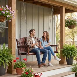 Fortune Candy - 5FT Rustic Fir Wood Porch Swing, Handcrafted Outdoor Hanging Bench, Heavy-Duty 900lbs, Weather-Resistant - Deep Brown