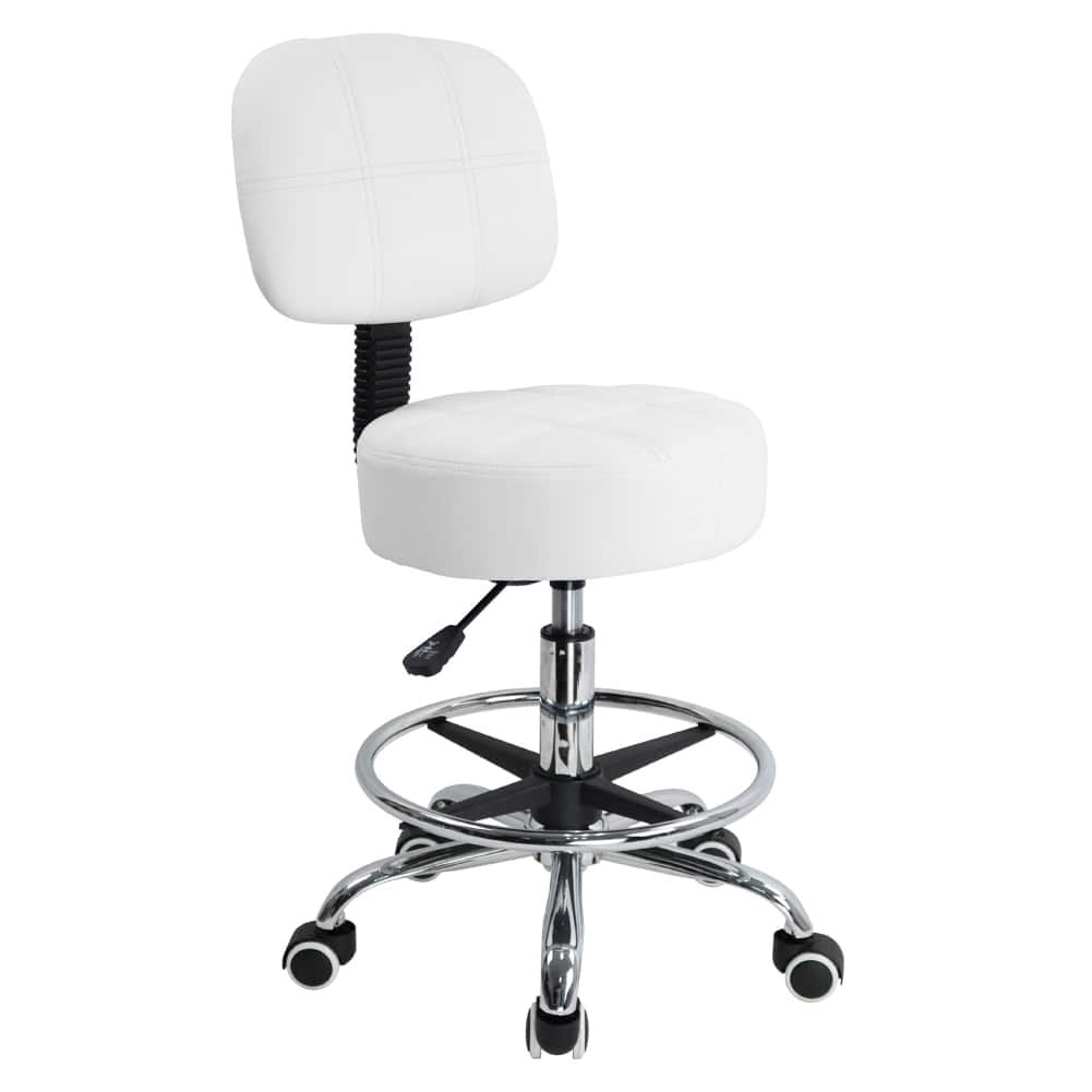 KKTONER - Swivel Round Rolling Stool PU Leather with Rest Height Adjustable Task Work Drafting Chair with Back - White