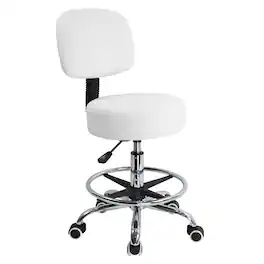 KKTONER - Swivel Round Rolling Stool PU Leather with Rest Height Adjustable Task Work Drafting Chair with Back - White