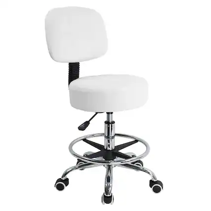 Front. KKTONER - KKTONER Swivel Round Rolling Stool PU Leather with Rest Height Adjustable Task Work Drafting Chair with Back (White) - White.