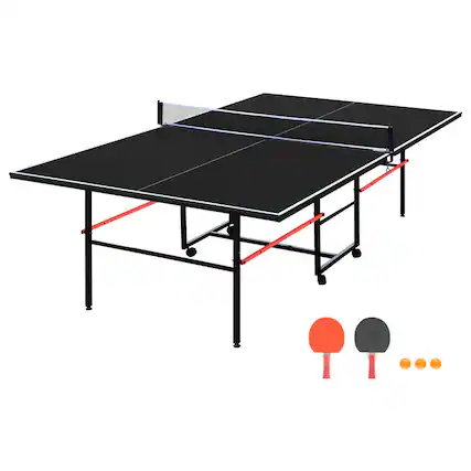 Front. HTUTWOO - Table Tennis Table Set 9ft Mid-Size - Foldable & Portable Ping Pong Table for Indoor Games, Net, 2 Paddles, 3 Balls - Black.