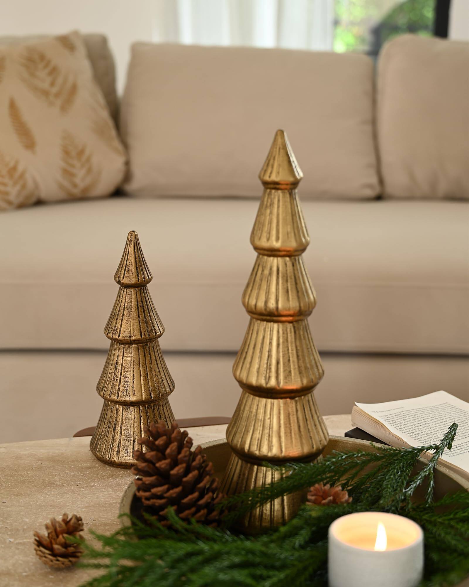 Alt View 4. Refined Abode Design - Christmas Tree Figurine Wooden Figurines Decorative Tabletop Small Glittered Golden Xmas Trees Mantle Indoor - Gold.