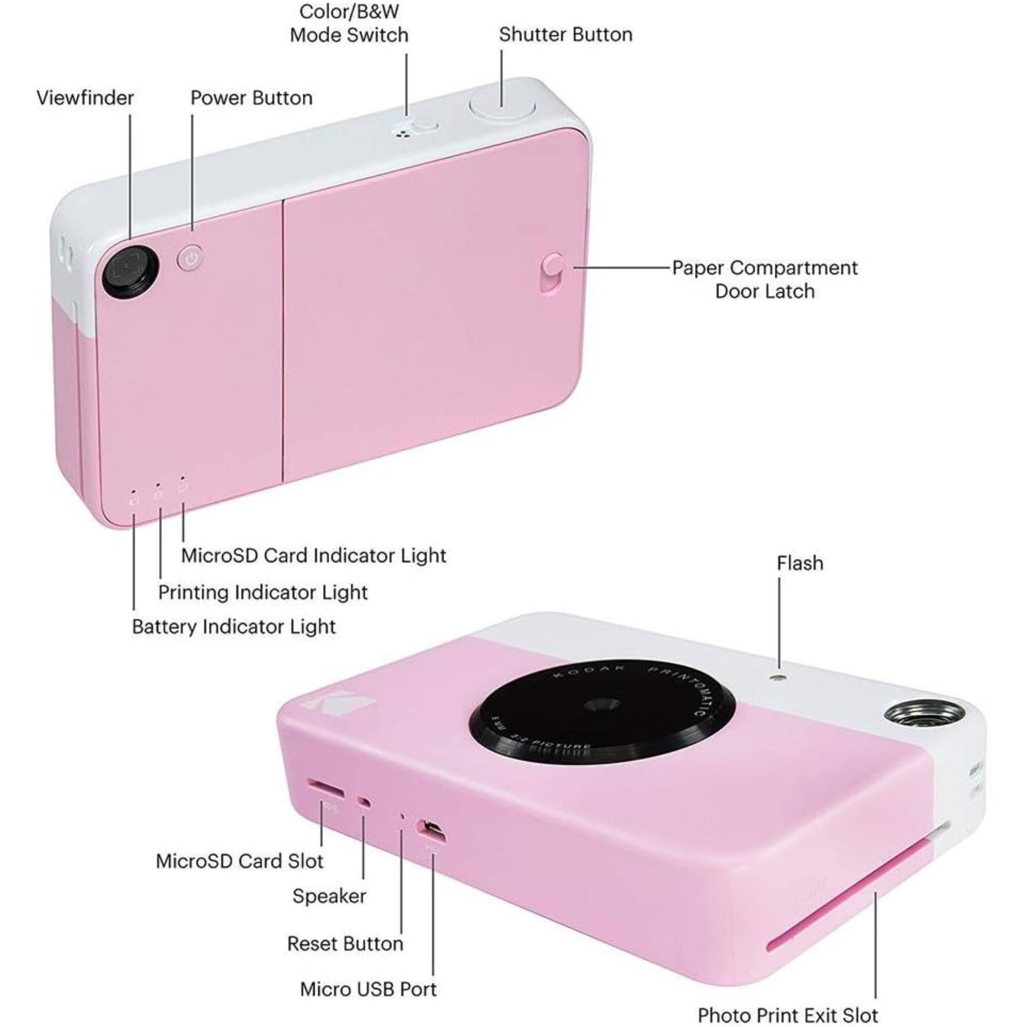 Color/B&W Mode Switch, Shutter Button, Viewfinder, Power Button, Paper Compartment Door Latch, MicroSD Card Indicator Light, Printing Indicator Light, Battery Indicator Light, Flash, MicroSD Card Slot, Speaker, Reset Button, Micro USB Port, Photo Print Exit Slot