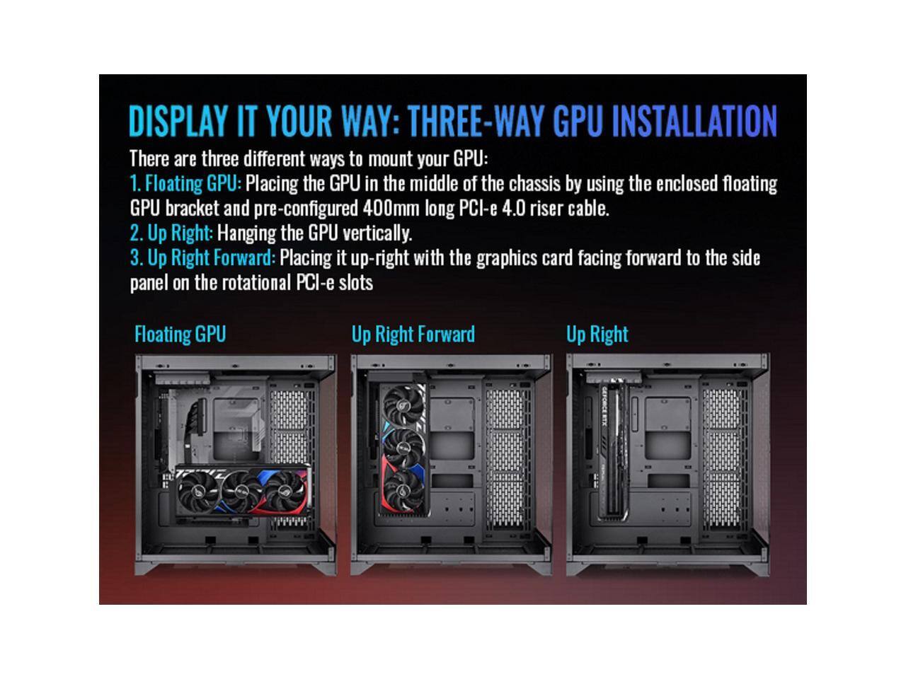 DISPLAY IT YOUR WAY: THREE-WAY GPU INSTALLATION

There are three different ways to mount your GPU:
1. Floating GPU: Placing the GPU in the middle of the chassis by using the enclosed floating GPU bracket and pre-configured 400mm long PCI-e 4.0 riser cable.
2. Up Right: Hanging the GPU vertically.
3. Up Right Forward: Placing it up-right with the graphics card facing forward to the side panel on the rotational PCI-e slots

Floating GPU
Up Right Forward
Up Right