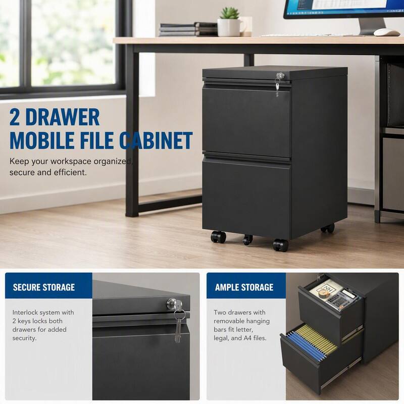 2 DRAWER MOBILE FILE CABINET  
Keep your workspace organized, secure and efficient.

SECURE STORAGE  
Interlock system with 2 keys locks both drawers for added security.

AMPLE STORAGE  
Two drawers with removable hanging bars fit letter, legal, and A4 files.