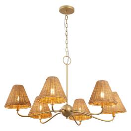 Jonathan Y - Grady 35" 6-Light Adjustable Swooping Arm Metal with Hand-Woven Rattan Shades LED Chandelier, /Brown - Gold Painting