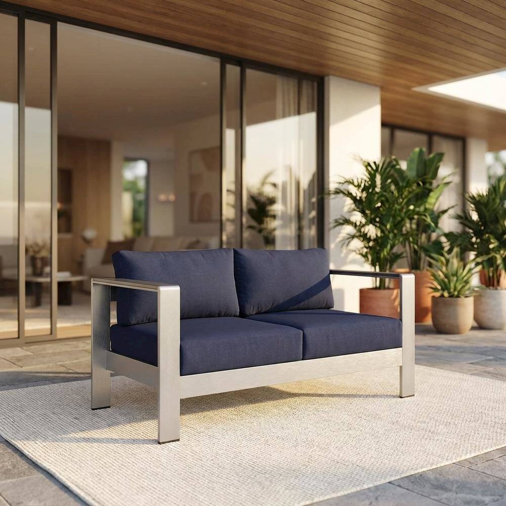 Angle. Outdoor Escape - Aluminum Outdoor Loveseat with Fabric Cushions for Patio Comfort - Silver.