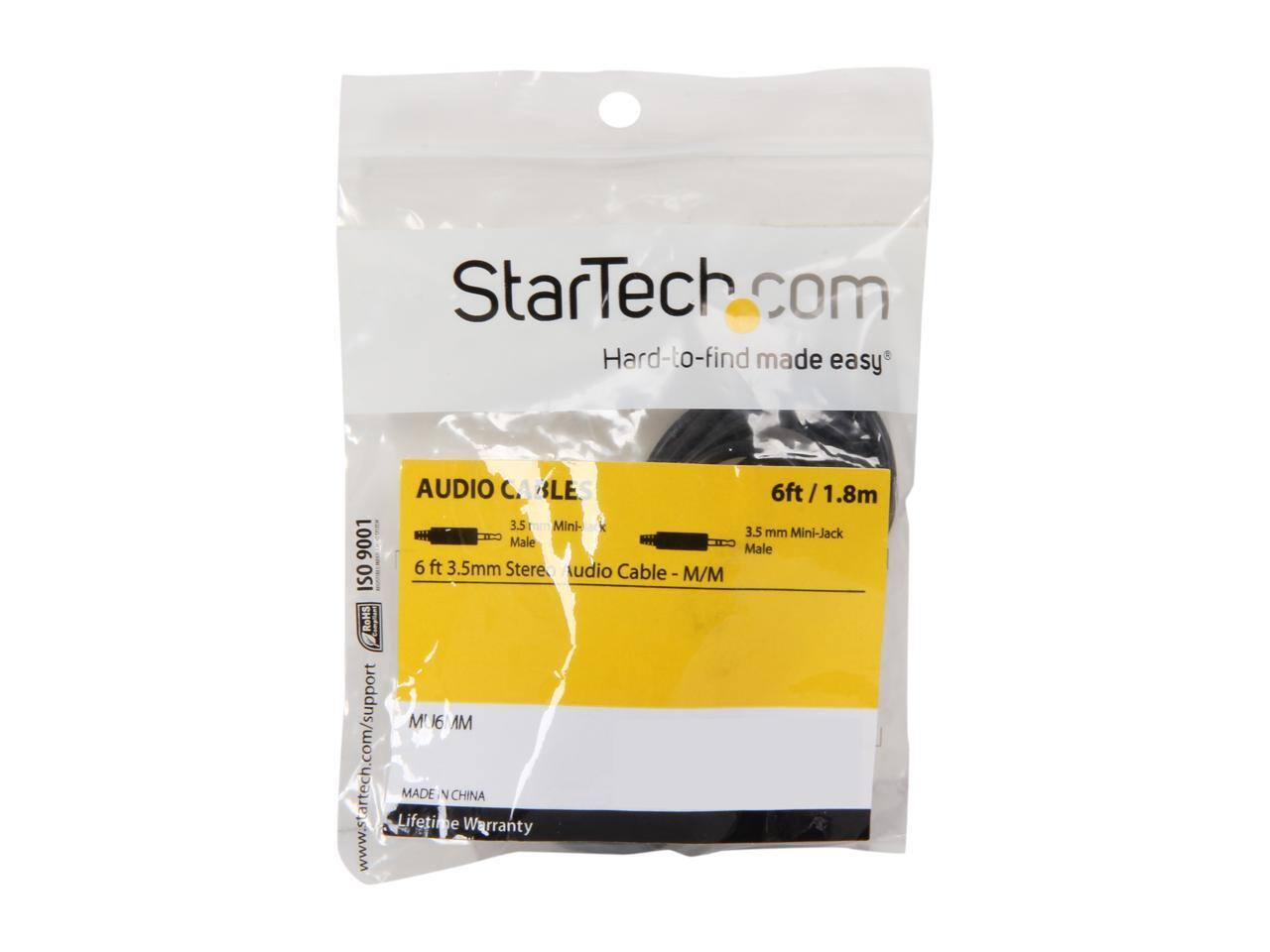 StarTech.com  
Hard-to-find made easy  

AUDIO CABLE  
6ft/1.8m  
3.5 mm Mini-Jack  
3.5 mm Mini-Jack  
6 ft 3.5mm Stereo Audio Cable - M/M  
ISO 9001  
MU6MM  
M AM  

www.startech.com/support  
www.startech.com/support  

MADE IN CHINA  
Lifetime Warranty