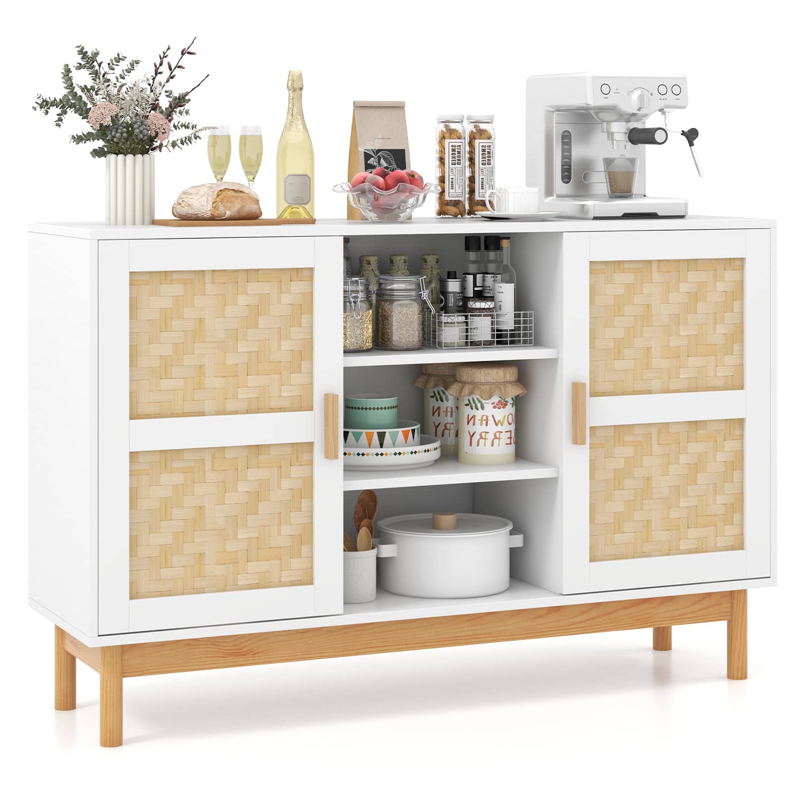 Ecooso - 48 Inch Sideboard Cabinet Organizer Buffet Storage with 2 Bamboo Woven Doors for Living Room - White