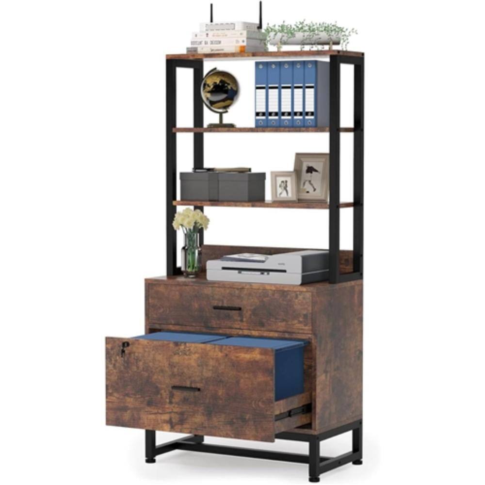 Front. Hivvago - Home Office Lockable 2 Drawer Filing Cabinet Bookshelf in Brown Wood Finish - Brown.