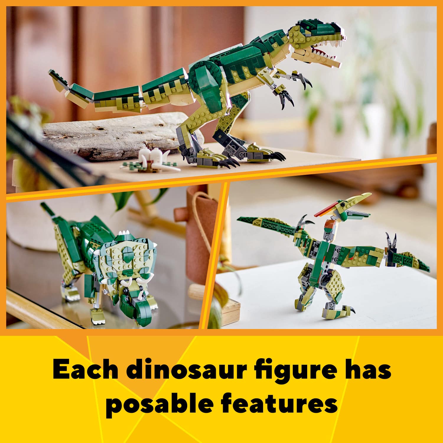 Each dinosaur figure has possible features.