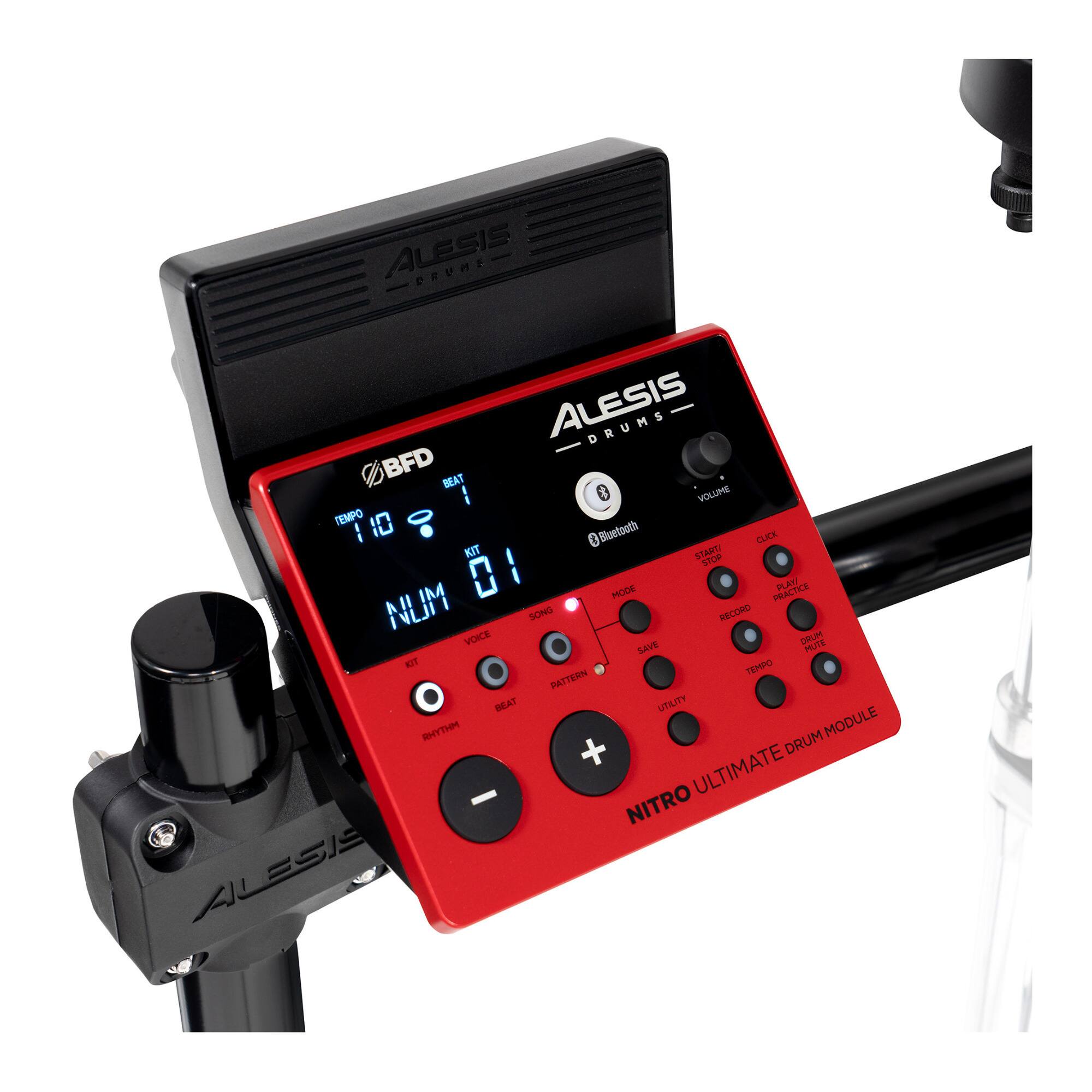 ALESIS DRUMS BFD BEAT  
VOLUME 0  
TEMPO 110  
Bluetooth  
CLICK  
KIT START 1  
STOP 0  
MODE PRACTICE  
NUM 01  
VOICE  
SOND  
RECORD  
DRUM  
MUTE  
SAVE  
TEMPO  
PATTERN  
REAT  
UTILITY  
YHM  
MODULE  
DRUM  
ULTIMATE  
NITRO