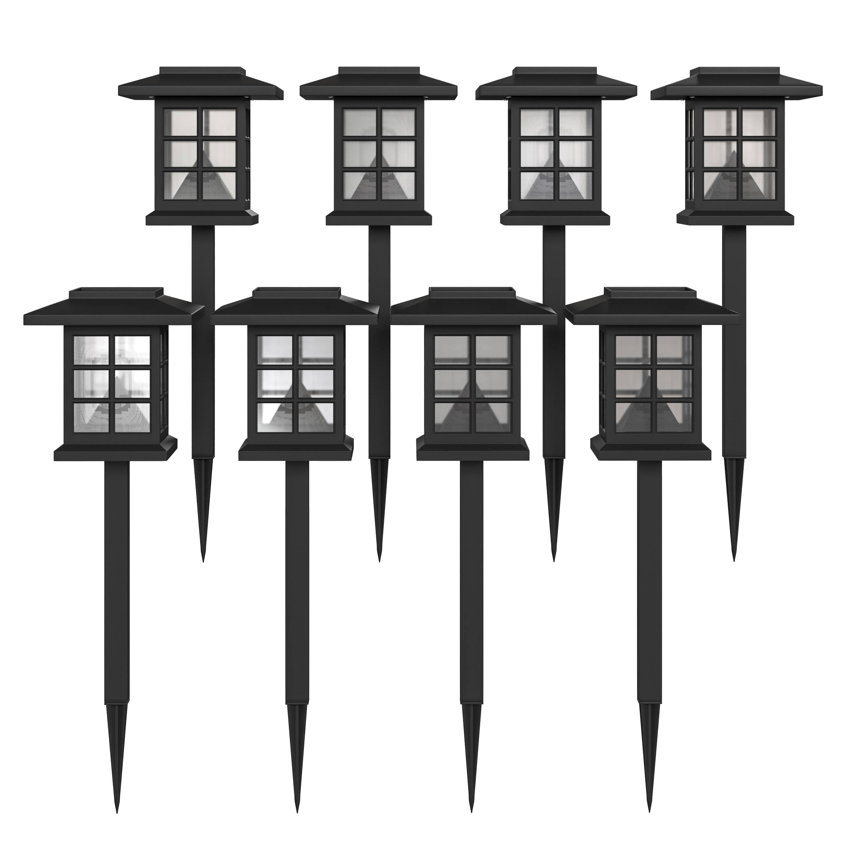 Front. Emma + Oliver - Lantern Style Outdoor Solar LED Landscaping Lights - Polypropylene - Set of 8 - Black.