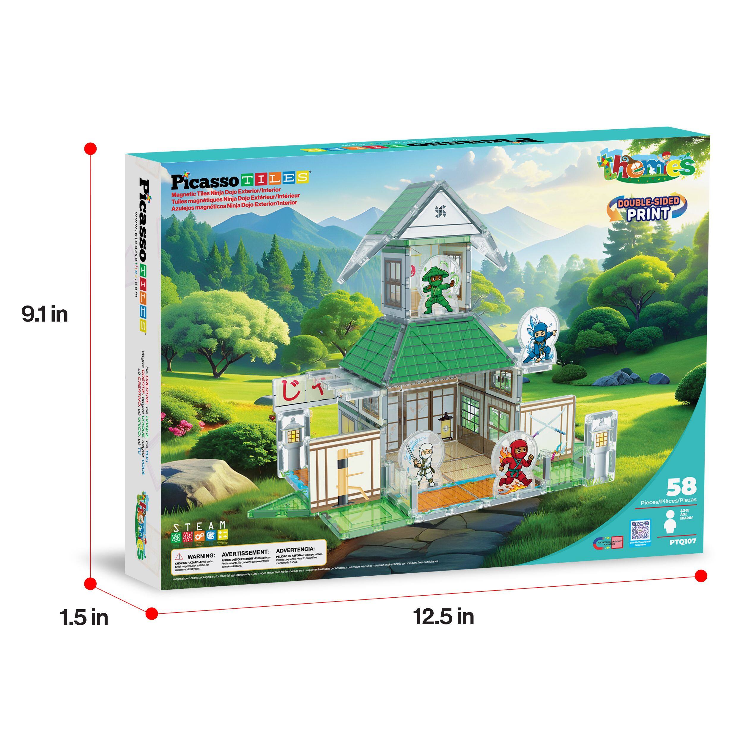 9.1 in W x 12.5 in H x 1.5 in D

Picasso Tiles
Magnetic Tiles Ninja Dojo Exterior/Interior
Tilas magnéticas Ninja Dojo Exterior/Interior
Accastelli magnéticos Ninja Dojo Exterior/Interior

Themes
Double-Sided Print

58 Pieces/Piezas/Pieces

WARNING: AVERTISSEMENT: ADVERTENCIA:

STEAM

PTQ107