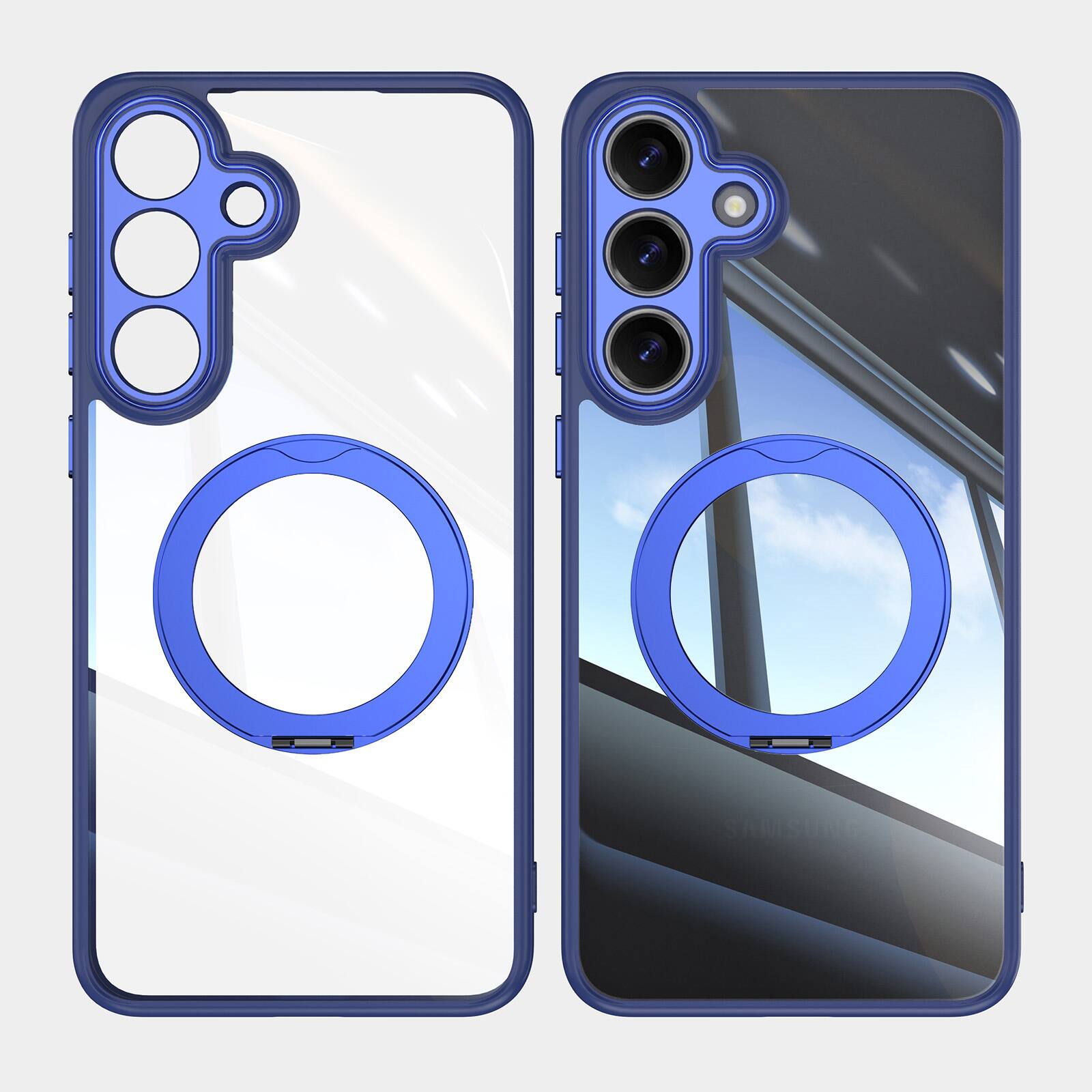 Left. Dteck - Magnetic Clear Case For Samsung Galaxy S26+, Shockproof Anti-Scratch 360° Ring Holder Stand PC+TPU Protection Cover - Blue.