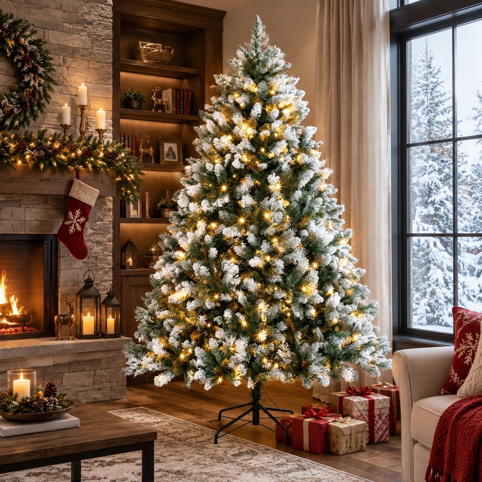 Left. RYHNUYNE - 6FT Pre-Lit White-Tipped Artificial Christmas Tree With 1020 Lush Tips and Hinged Full Body - Green,White.