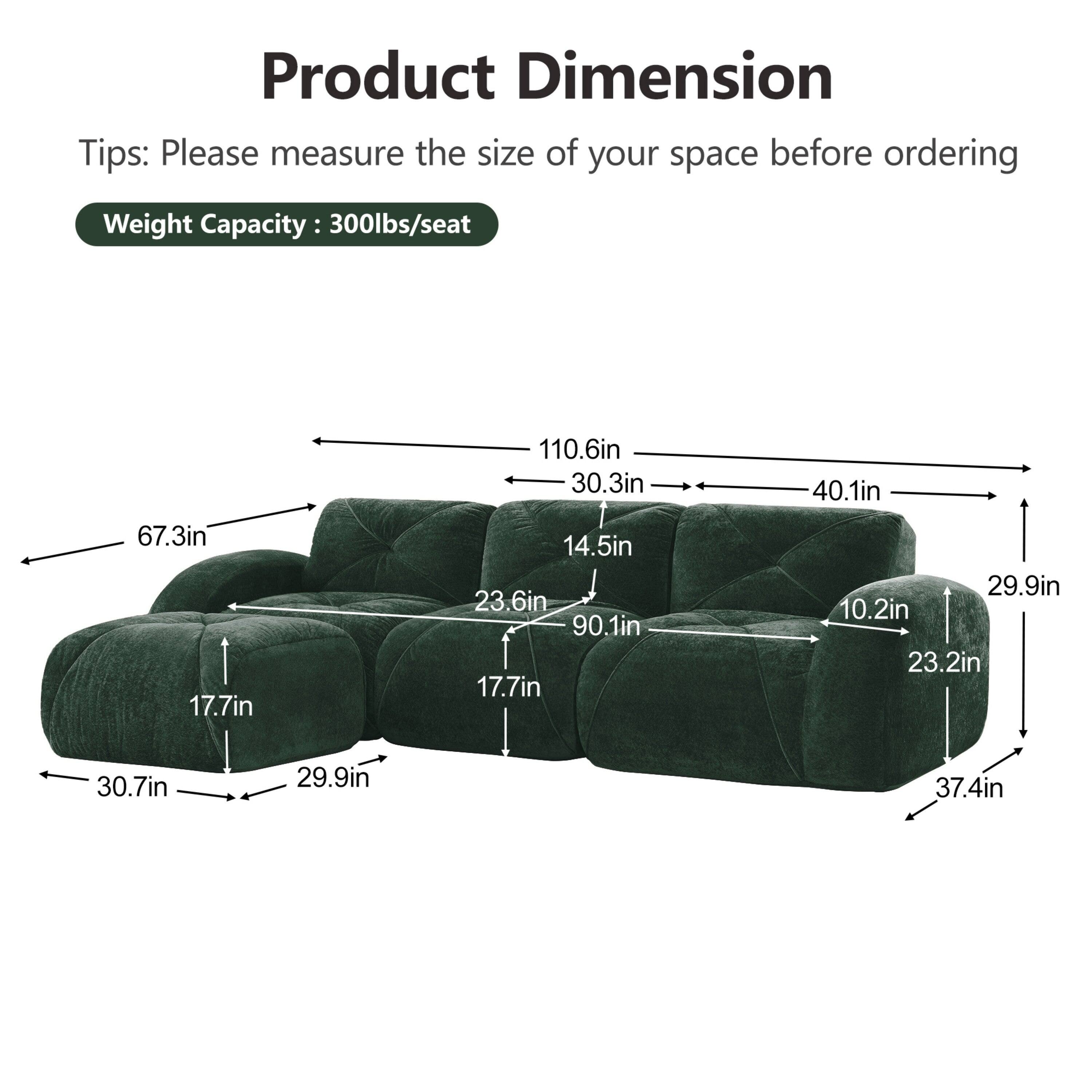 Product Dimension Tips: Please measure the size of your space before ordering  
Weight Capacity: 300lbs/seat  

67.3in  
17.7in  
110.6in  
30.3in  
14.5in  
23.6in  
90.1in  
17.7in  
40.1in  
29.9in  
10.2in  
23.2in  
30.7in  
29.9in  
37.4in