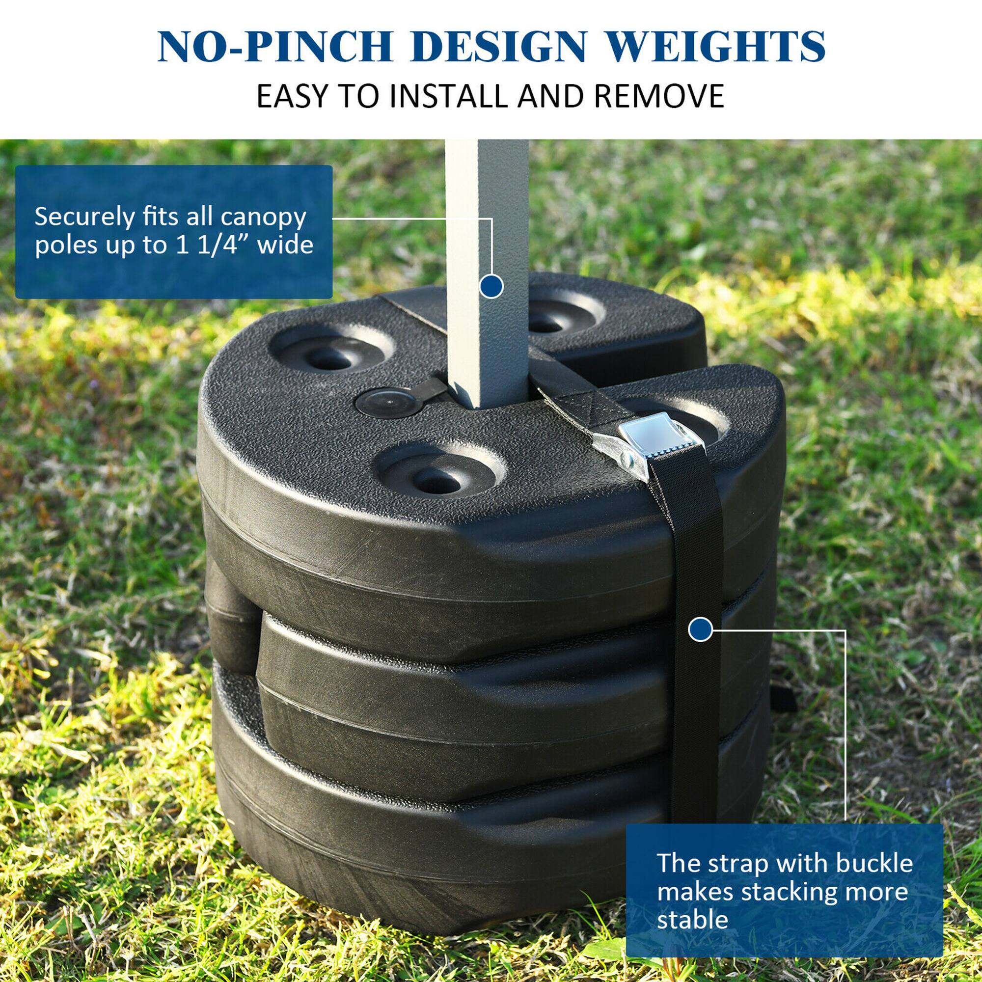 NO-PINCH DESIGN WEIGHTS  
EASY TO INSTALL AND REMOVE  

Securely fits all canopy poles up to 1 1/4" wide  

The strap with buckle makes stacking more stable