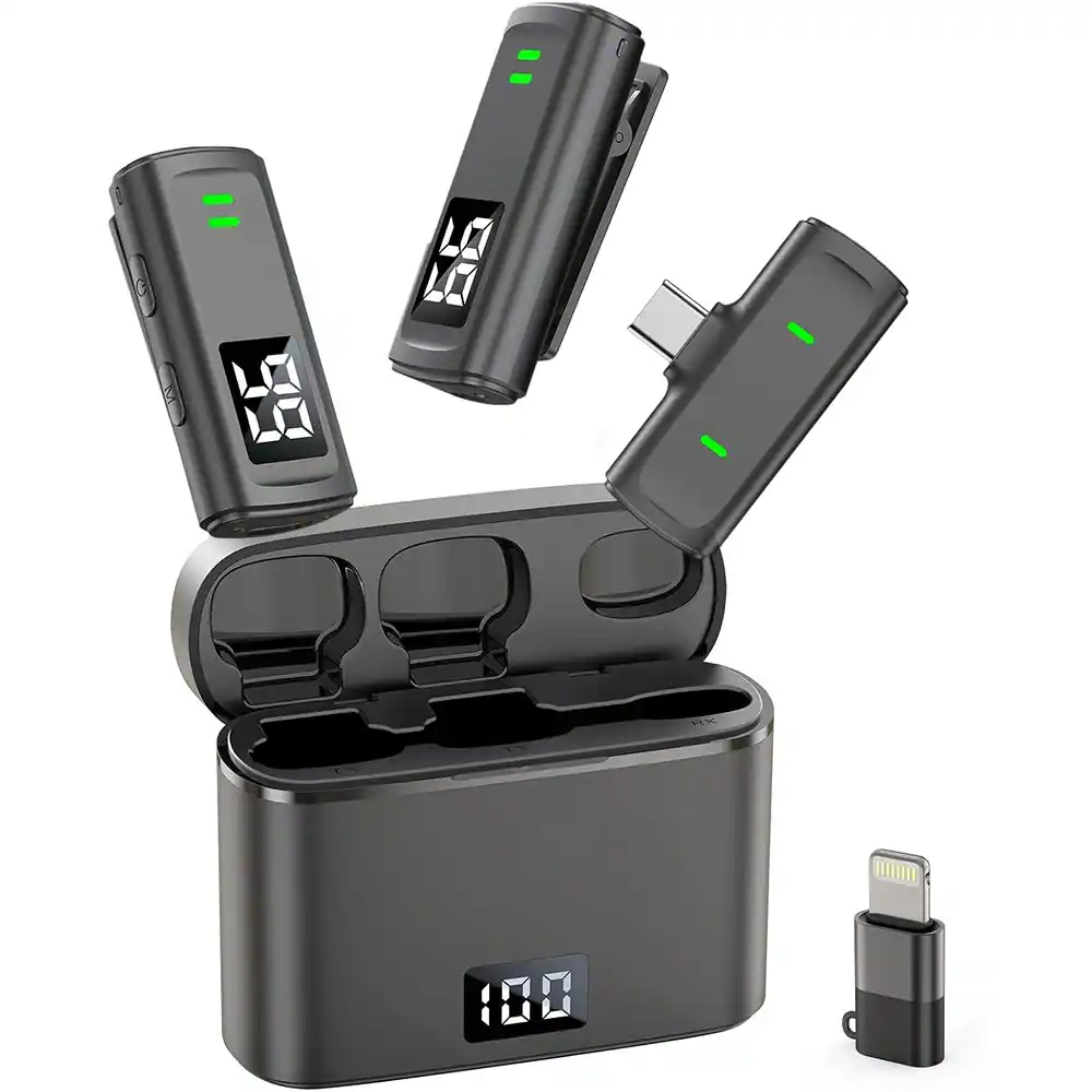 Front. MOSZAR LLC - USB-C Wireless Microphone – Noise Reduction, 35H Case, 75FT Range.