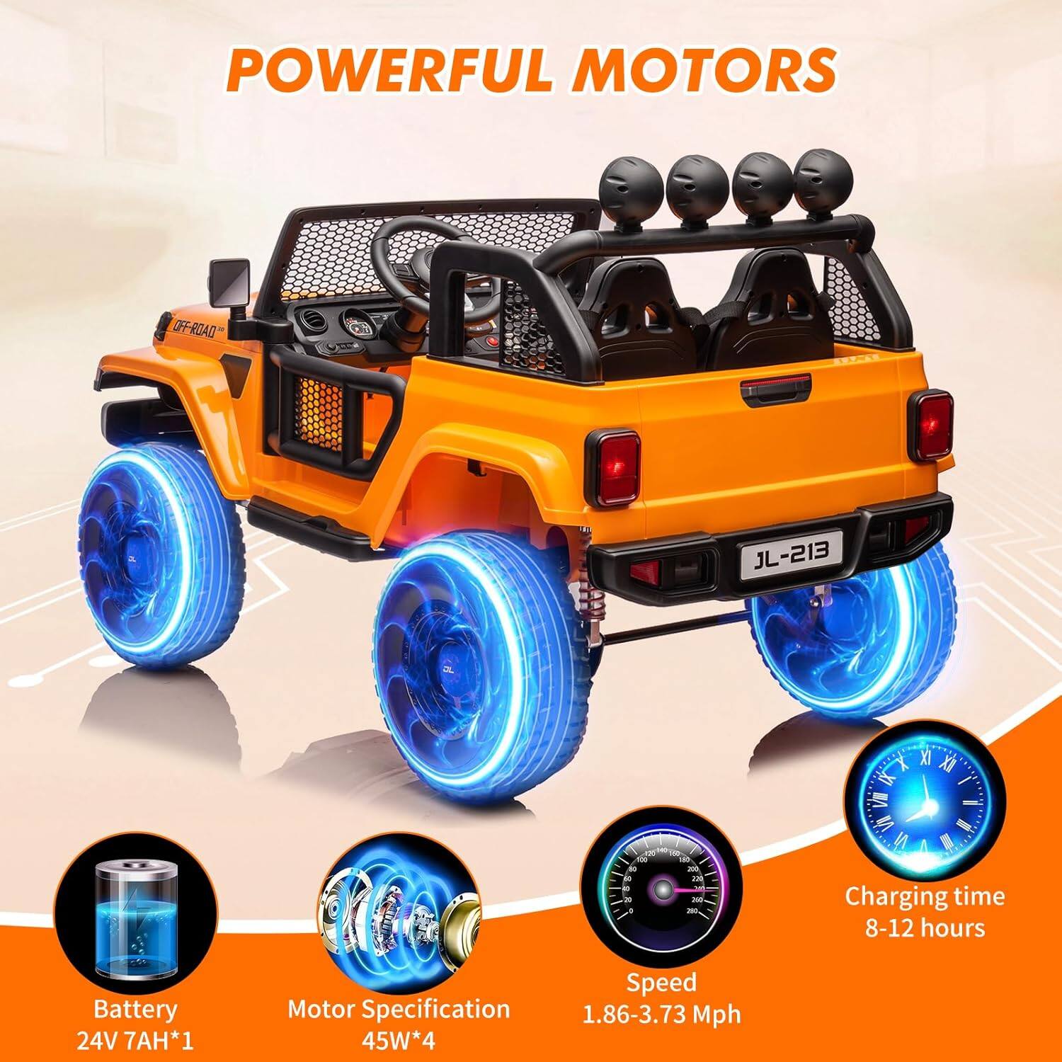 POWERFUL MOTORS

- Charging time: 8-12 hours
- Battery: 24V 7AH*1
- Speed: 1.86-3.73 Mph
- Motor Specification: 45W*4